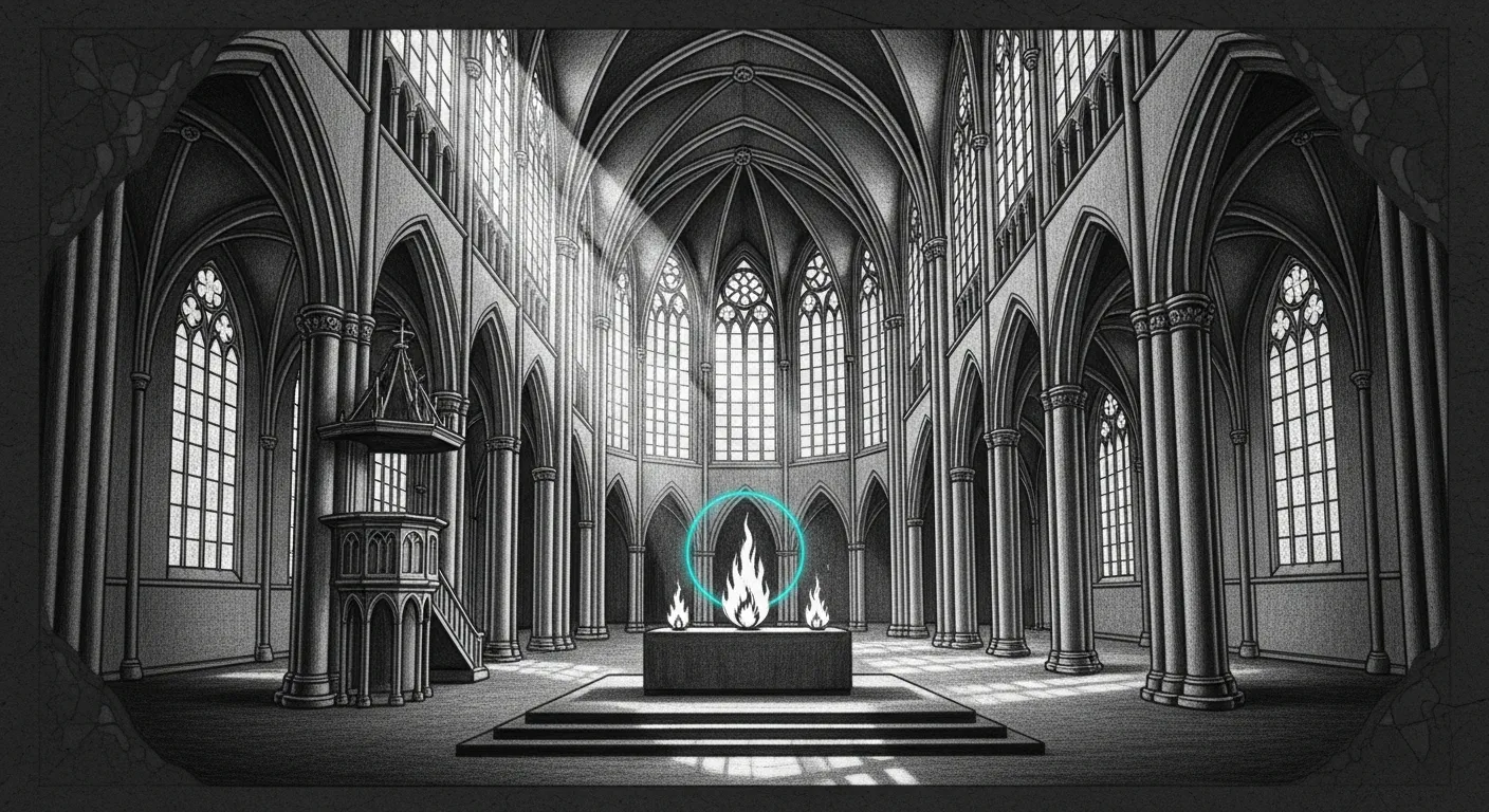 Three small flames merging into one larger flame at the altar of a sketched cathedral, a teal halo around the merged flame