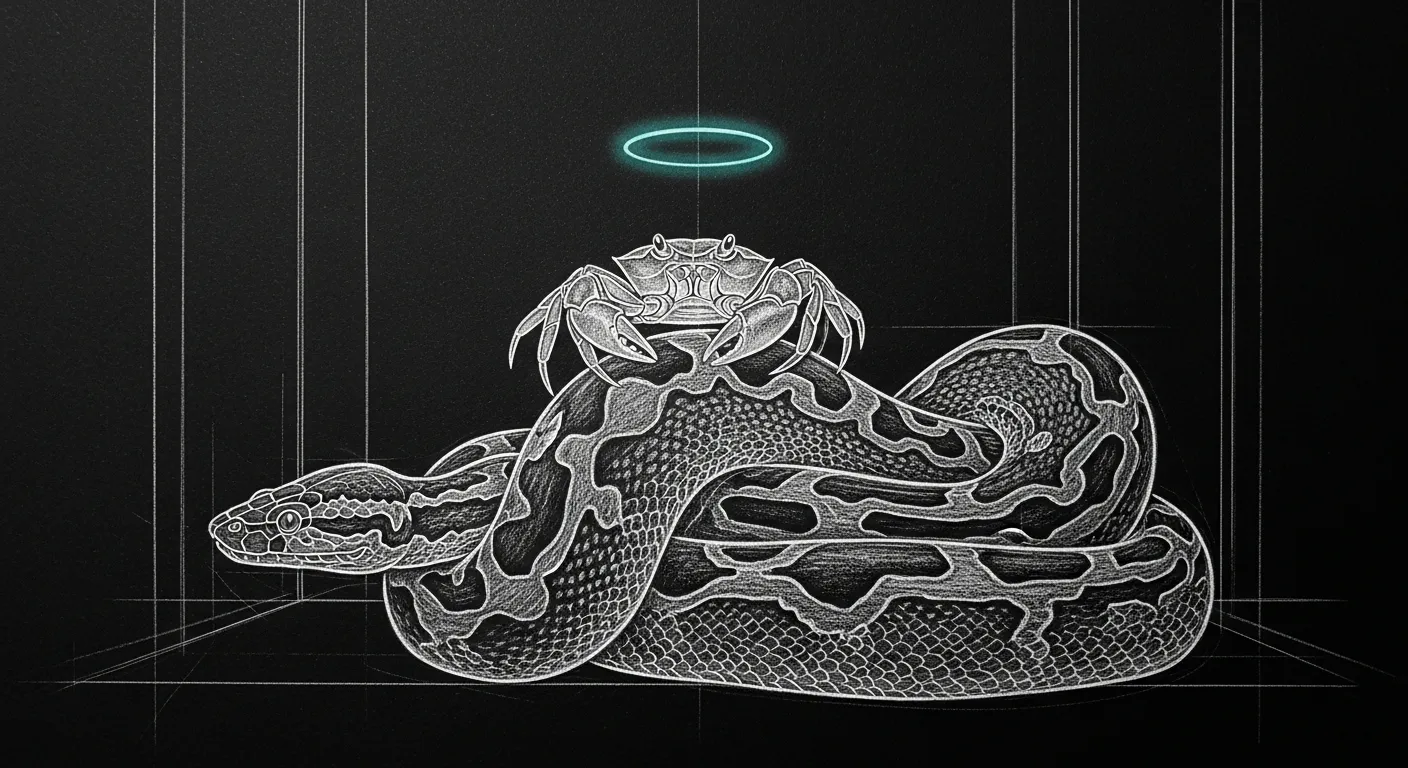 A small crab perched on the rim of a coiled python, both as soft architectural pencil sketches with a teal halo around the crab