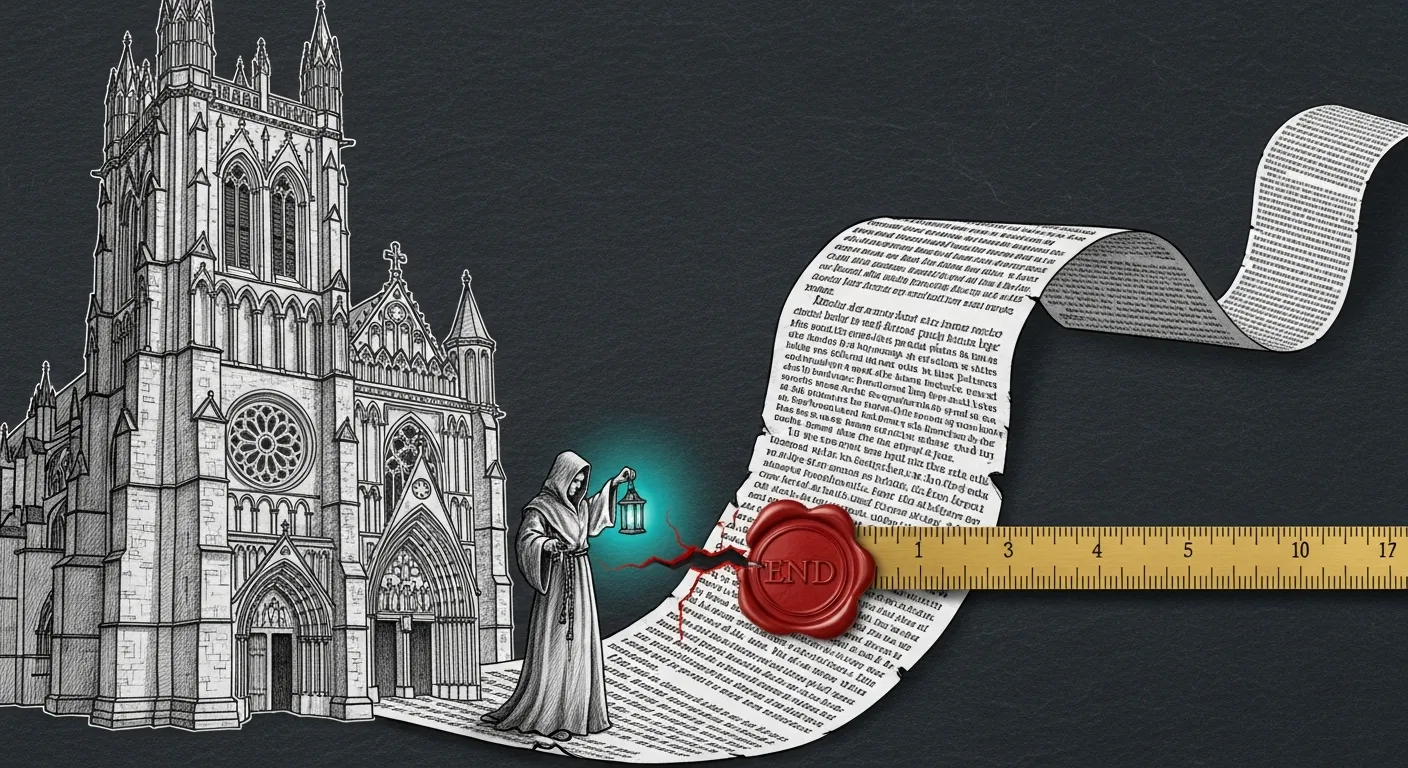 A tall pencil-sketched stone cathedral on a dark slate background, an enormously long paper scroll of dense text unspooling from its doorway past a brass measuring rod, a red crack severing the scroll where a wax seal stamped END sits as the very first mark, a robed figure holding a teal-glowing lantern over the broken seam