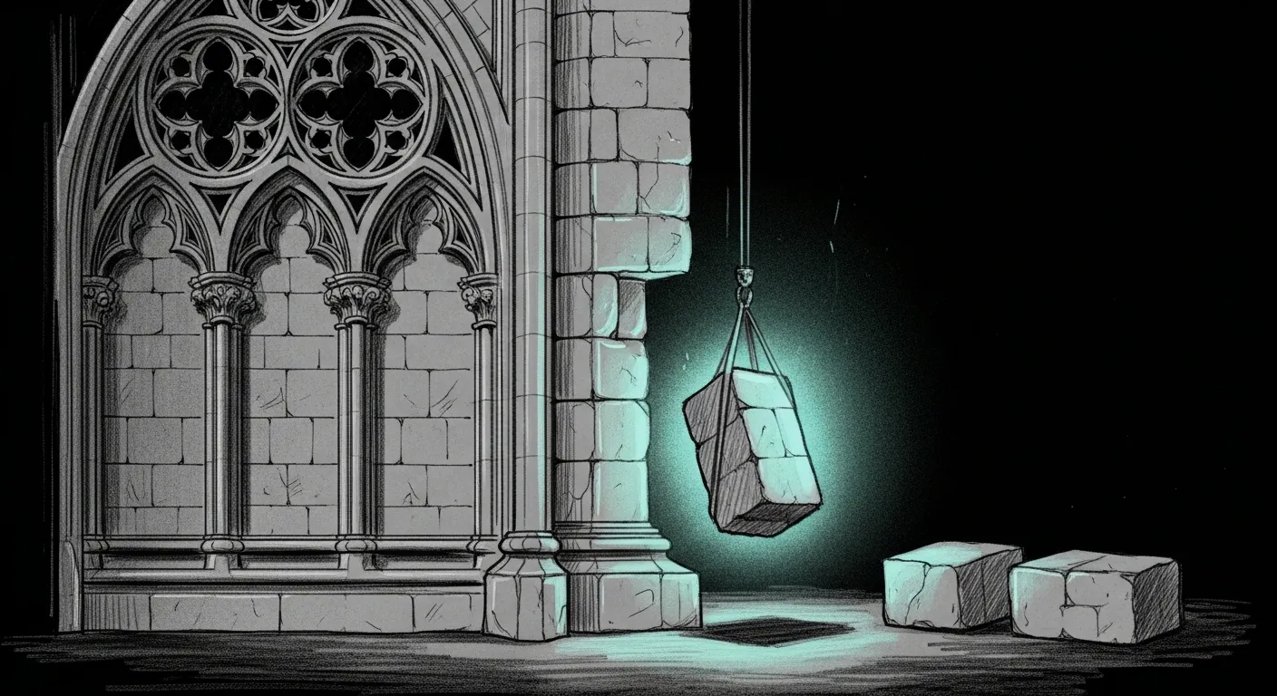 Pencil sketch on a dark background of an ornate stone cathedral wall under construction, a glowing teal halo around a single misaligned cornerstone being lifted into place, two unfinished stones resting at the mason's feet.