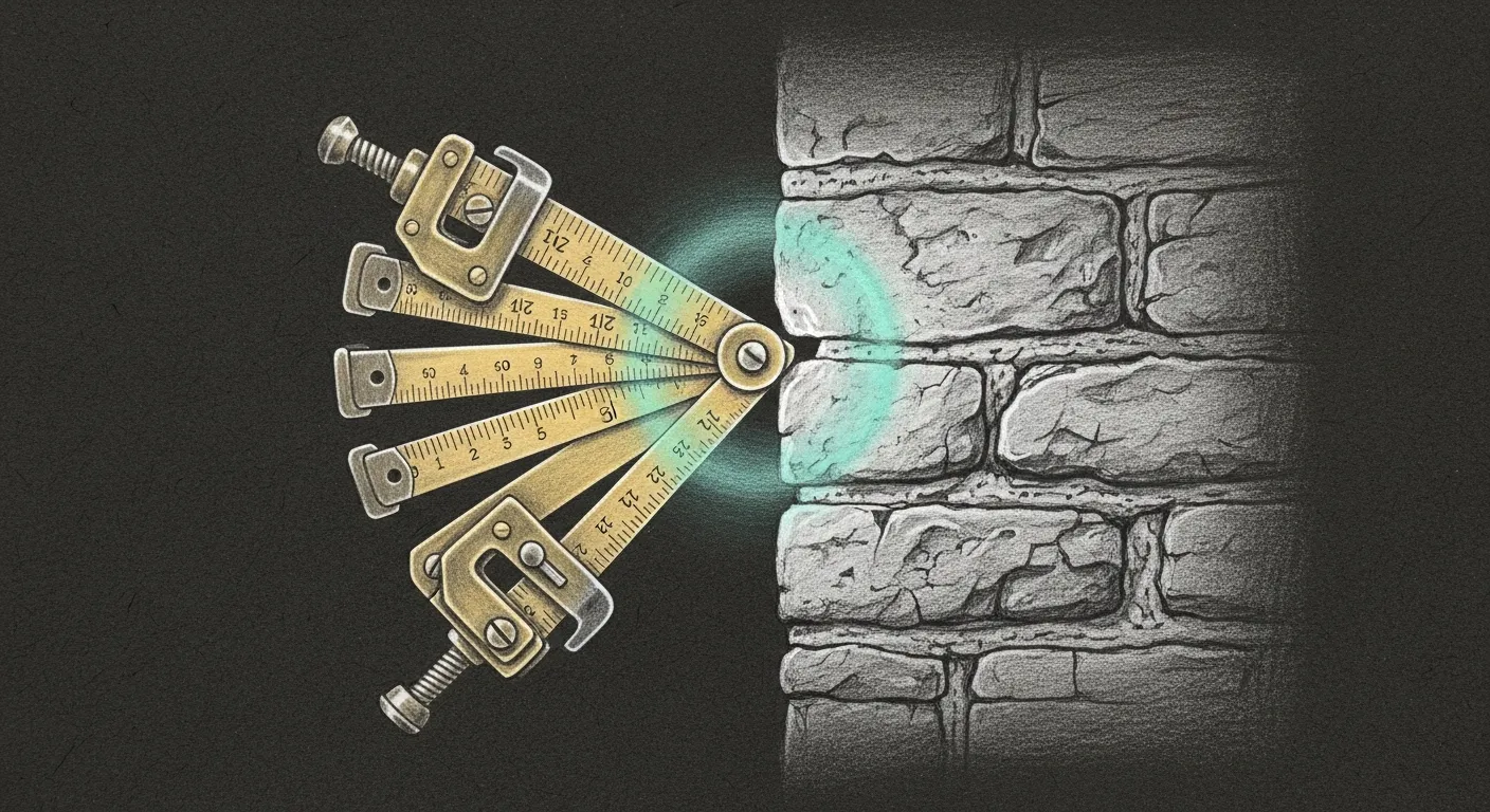 Pencil sketch on a dark background of two old brass measuring rules clamped together at one end, fanning open at the other end so they reach to different points on a stone wall; a glowing teal halo wraps the gap between their endpoints.