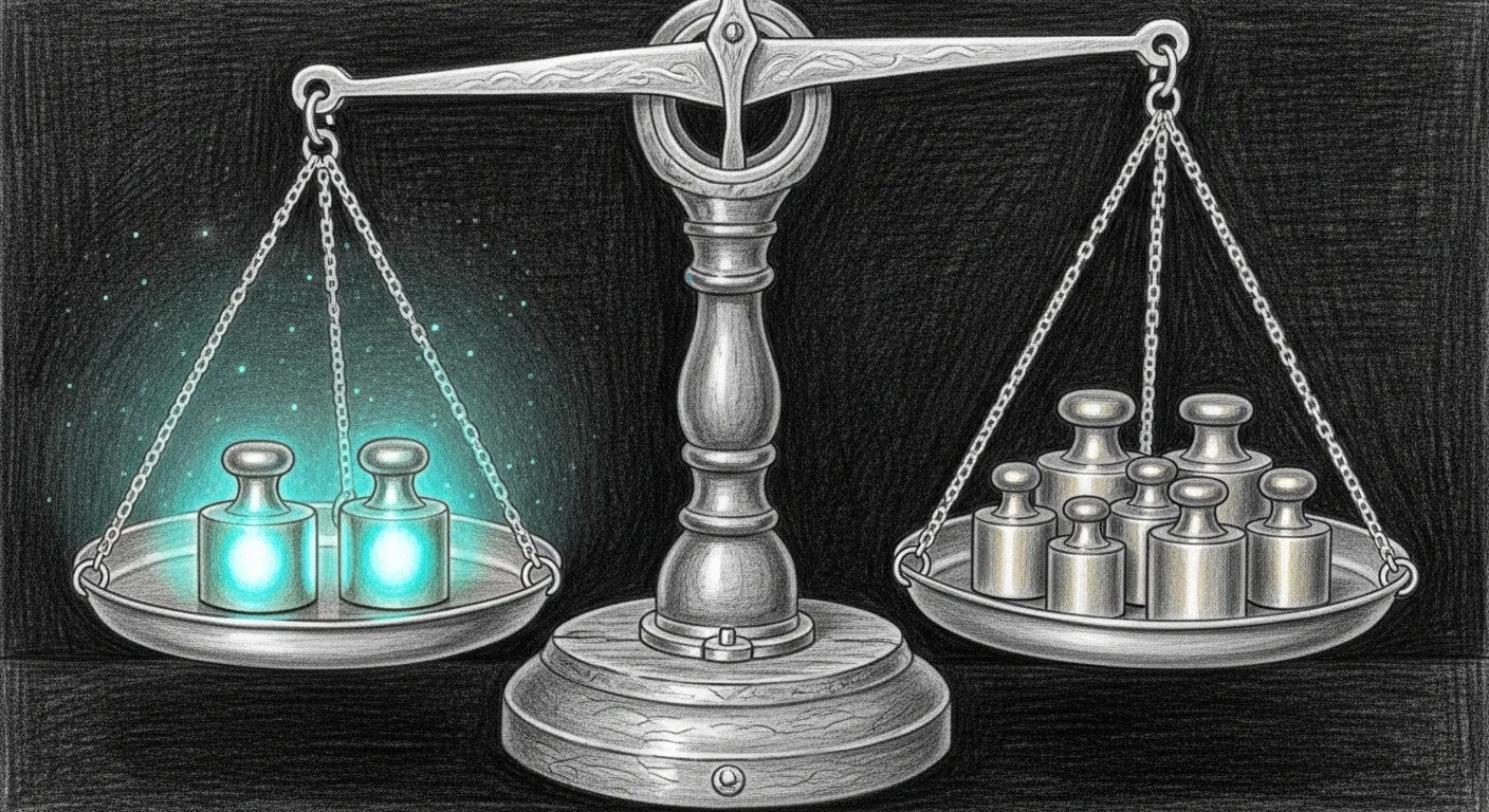 Pencil sketch on a dark background of eight ornate brass weights of varying sizes on a balance scale; two of the smallest weights on the left pan glow with a teal halo, and the balance arm tilts visibly toward them.