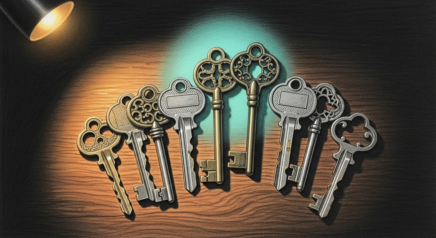 Pencil sketch on a dark charcoal background of eight ornate brass keys arranged on a polished wood workbench, each key slightly different in shape, with a teal halo glowing softly behind them.