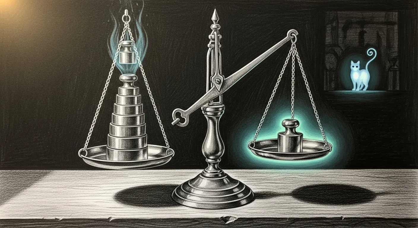 Pencil sketch on a dark charcoal background of an ornate brass apothecary balance scale; the topmost weight on the left pan rendered translucent and ghost-like as if being lifted off, the right pan carrying a single smaller weight with a teal halo, the balance arm tilting toward the right.