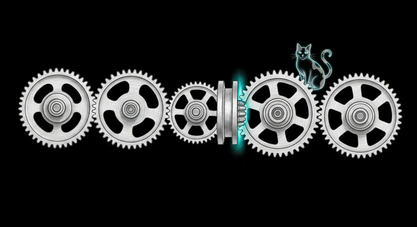 A pencil sketch on a dark background: a row of identical gears all turning smoothly except one, jammed hard against the rim of its housing with no room left to move; a single teal glow marks the seized tooth while the rest of the train spins free
