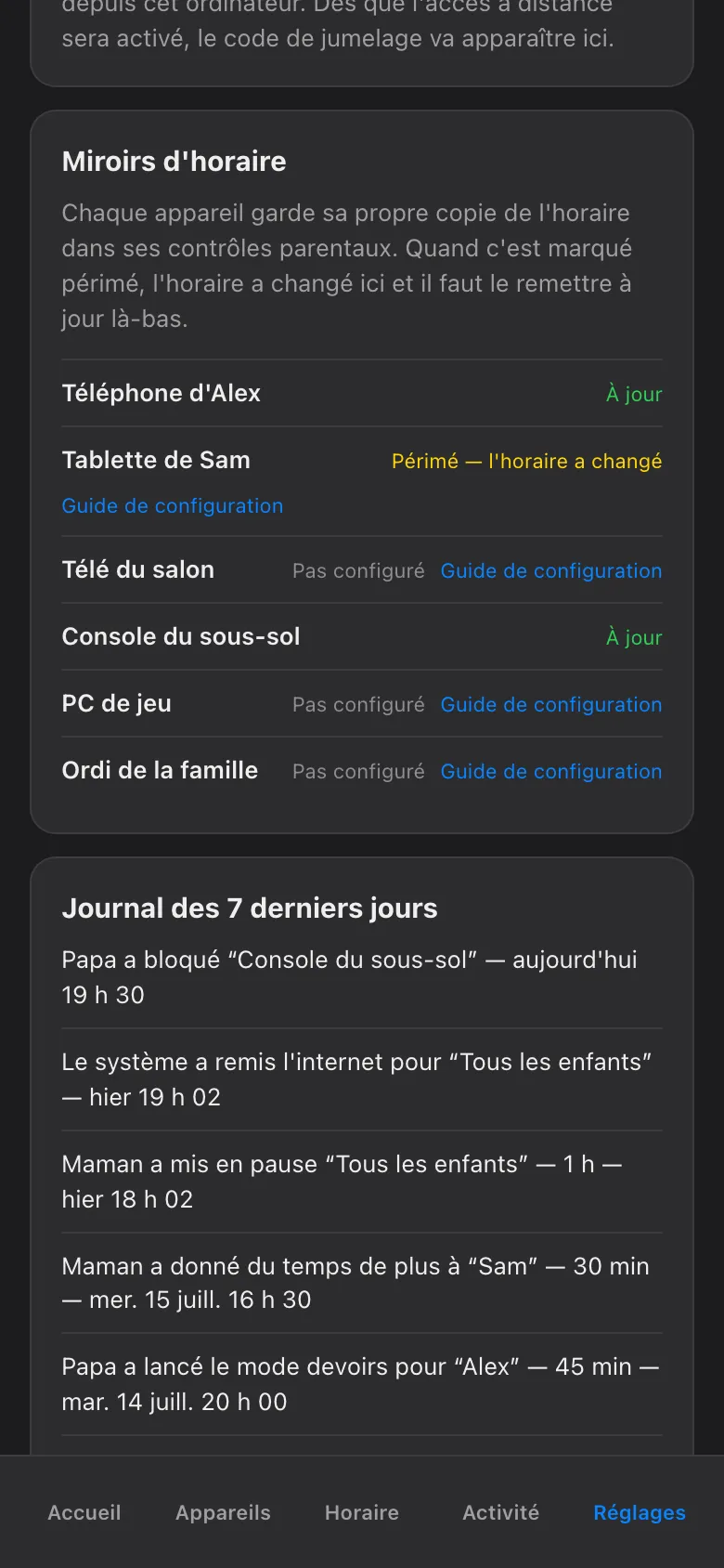 The audit trail in French on a phone: a plain list of holds, releases, and morning verification notes, each with who and when