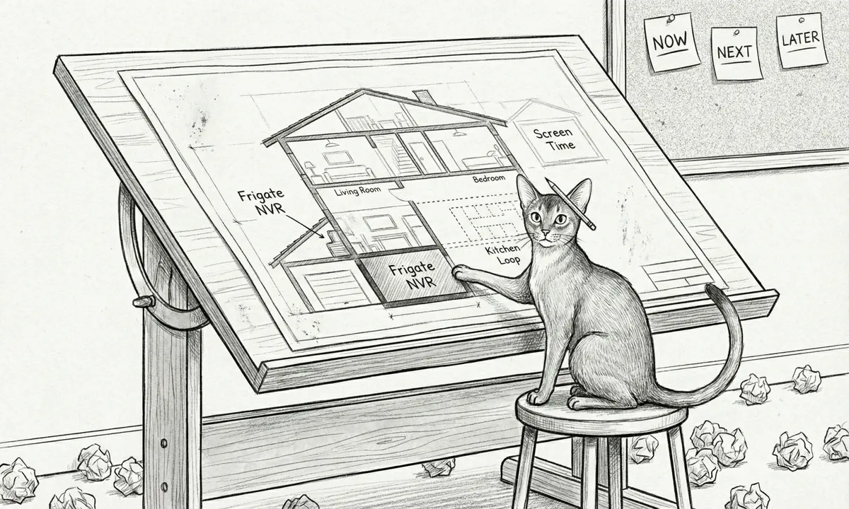 A wide pencil sketch of a clipboard on a wooden pegboard — checkmarks fill the upper half of the list, the lower half is a mix of half-filled boxes and empty squares, Tommy the guardian spirit watches from the corner of the desk