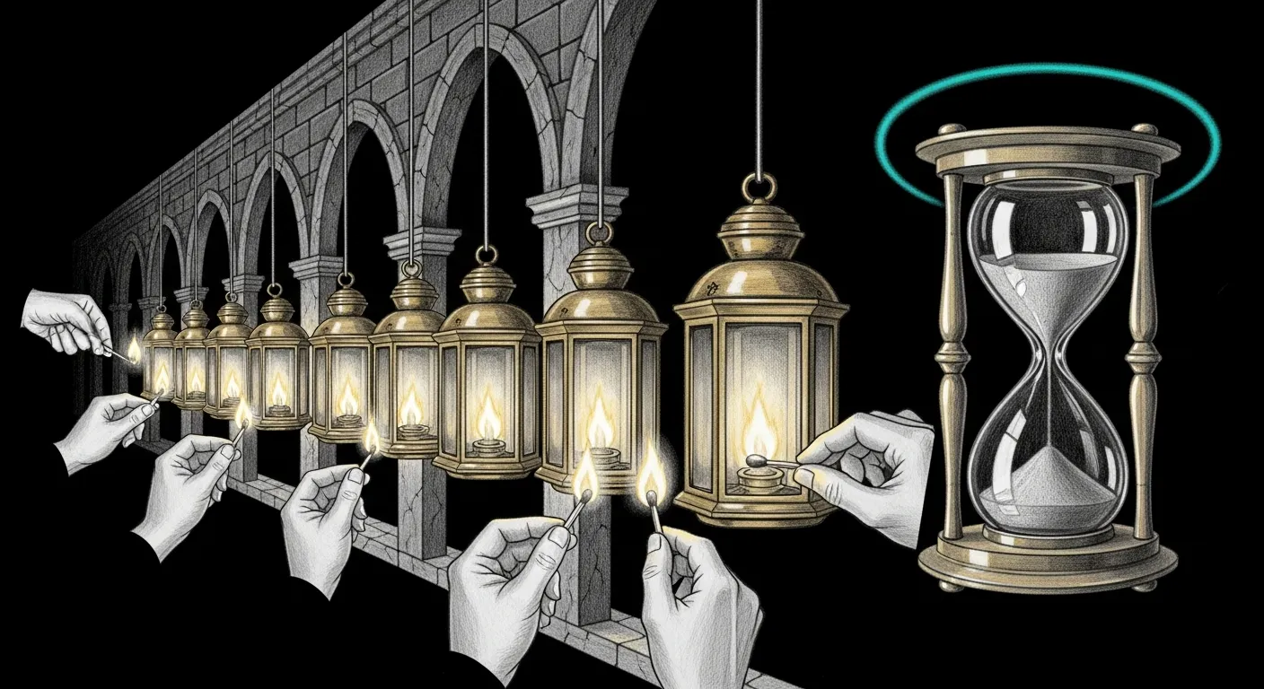 A+ roadmap closes — six brass lanterns along an arched stone gallery being lit simultaneously by six different hands; off to the side, a brass hourglass with the last grains falling through a teal halo.