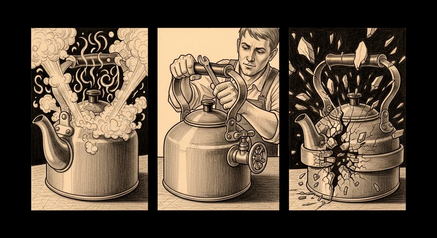 Pressure-valve trilogy — three panels: a kettle erupting at breakfast, a brass valve installed by lunch, the same valve gripping the kettle so hard by dinner that the kettle itself shatters.