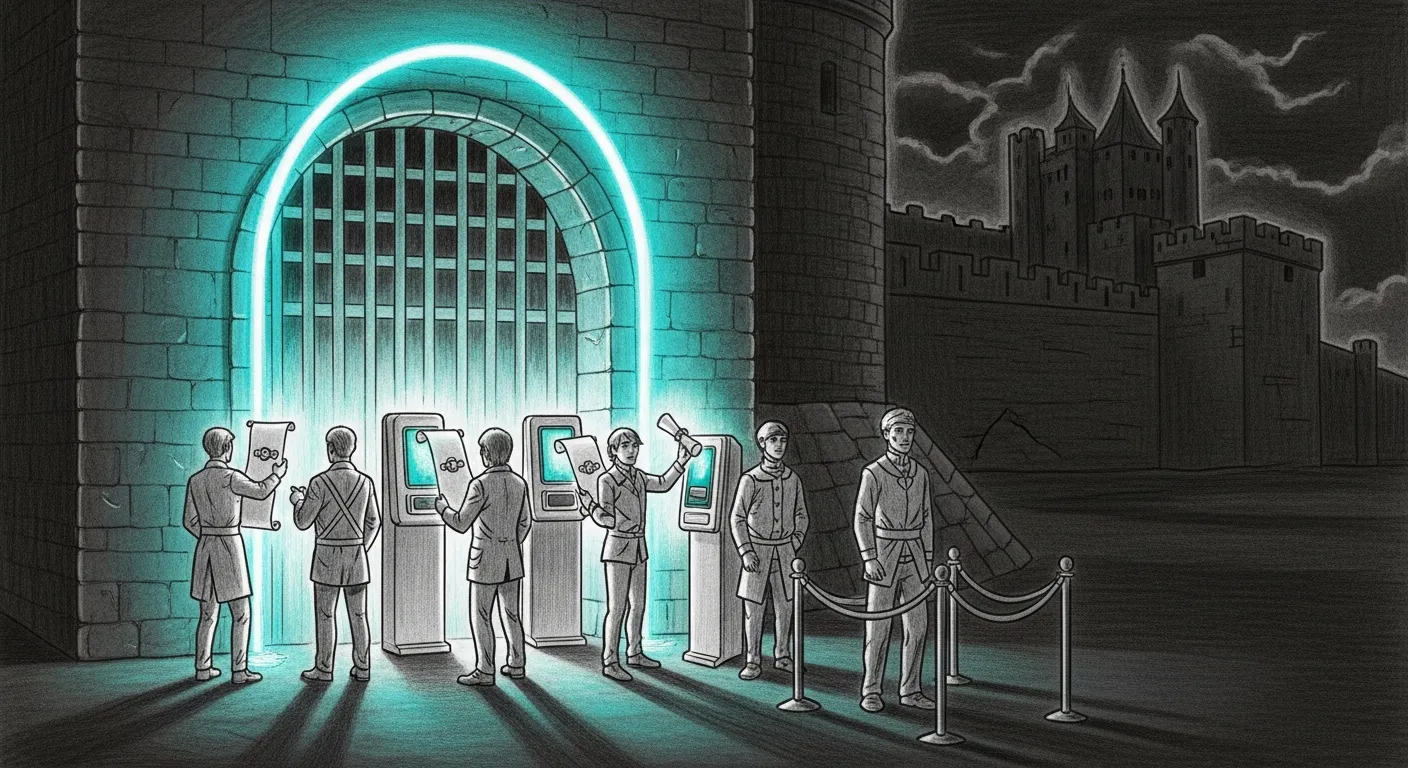 mTLS migration — six couriers at the fortress gate, five with glowing wax-sealed scrolls clearing the automated reader, the sixth still empty-handed behind a velvet rope; a shadow-fortress flickers in the distance.