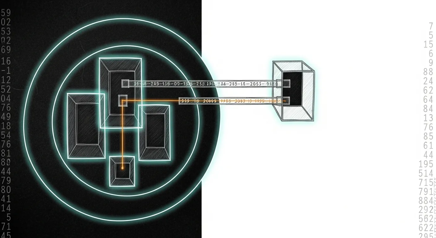 Pencil sketch of four nested enclosures on dark void, each rimmed by a soft teal halo, with one amber thread routing only through the explicit channels between them and faint smudges of old IP digits half-erased at the page edges