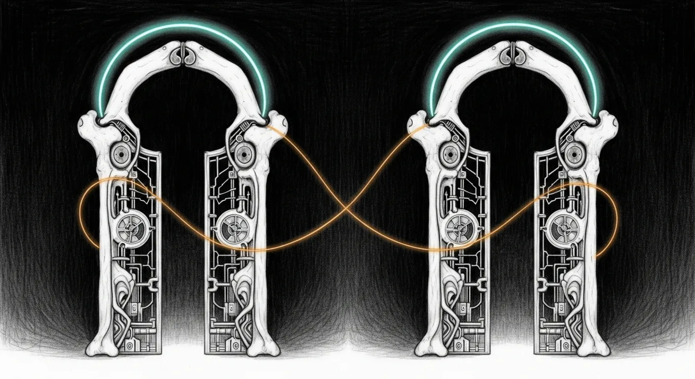 A pencil sketch of two identical gates side by side on a dark void, each rimmed by a single teal halo with an amber thread looping through both equally