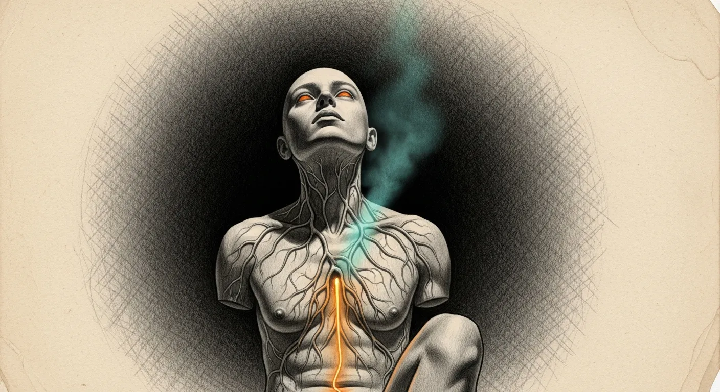 Pencil-sketched torso on a slab, eyes just opening — a single amber filament running along the spine, a breath of teal mist rising into a dark void