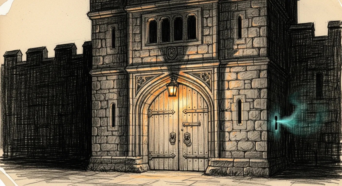 Pencil-sketched stone gatehaus at twilight, single amber lantern glowing inside the threshold, doors closing inward — one teal thread of mist passing through the keyhole, dark void surrounding