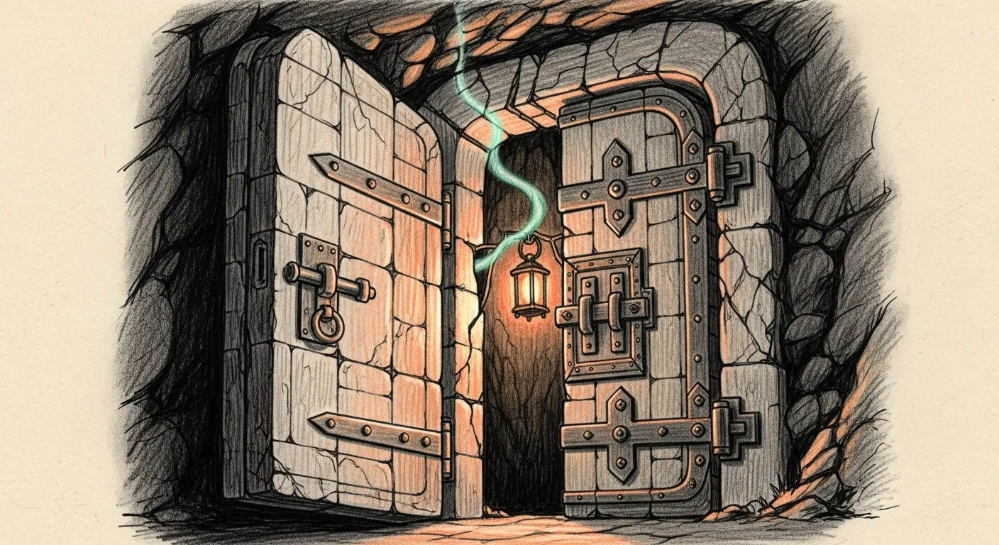 Pencil-sketched ancient stone door embedded in a dark cliff, outer face open, inner face sealed shut with iron hasps, single amber lantern glowing in the chamber behind, one teal mist thread bleeding through the hairline crack between the two doors, dark void surrounding