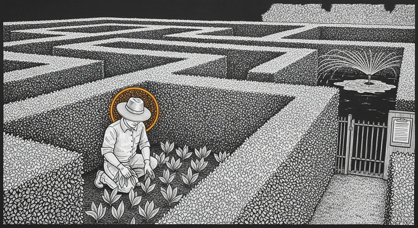 Honest Green — a gardener pulling wilted catalog leaves from a hedge maze; an automated watering rig overwatering one corner has finally been caught on a clipboard.