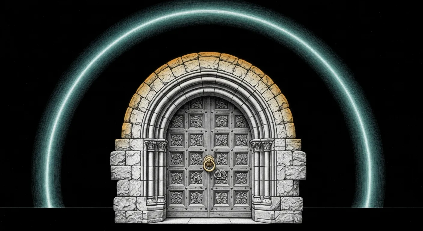 The front door — a monumental stone archway opening on an ornate wooden door at dusk; a teal-tinted tunnel of light arcs over the keystone, exactly the right size for one wiki migration.