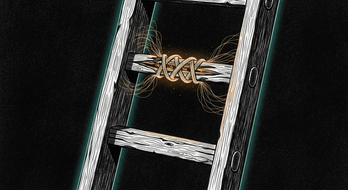 The ladder that heals itself — nine rungs against a darkened cliff; one mid-rung cracked but an autonomous welder mid-climb is fusing it back, the three rusted padlocks at the top marking the OOM ceiling.