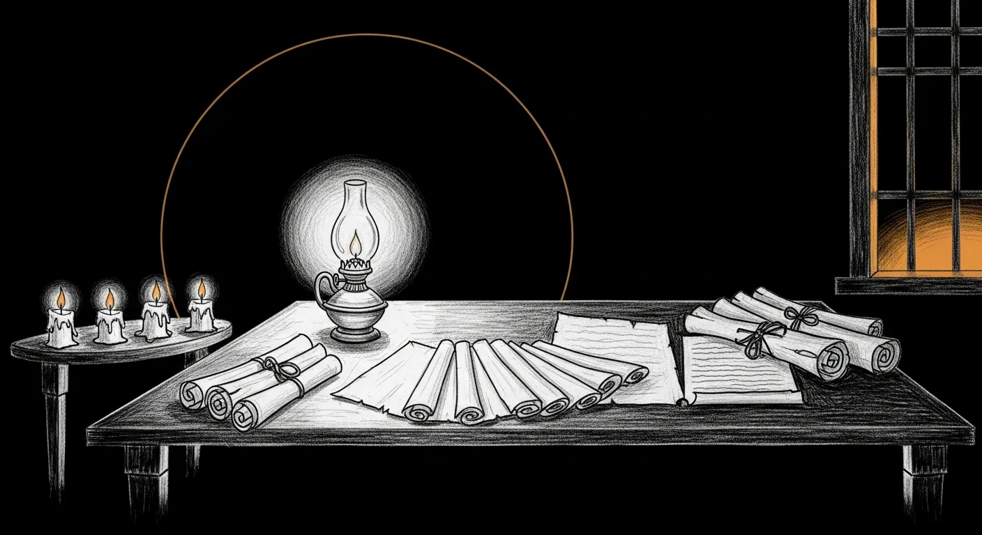 Fortnight in one night — a moonlit desk under a single oil lamp, four candles burning at different stages along the side table, a fan of completed scrolls across the desk, dawn warming the window behind. Two weeks of pilot infrastructure shipped before sunrise.
