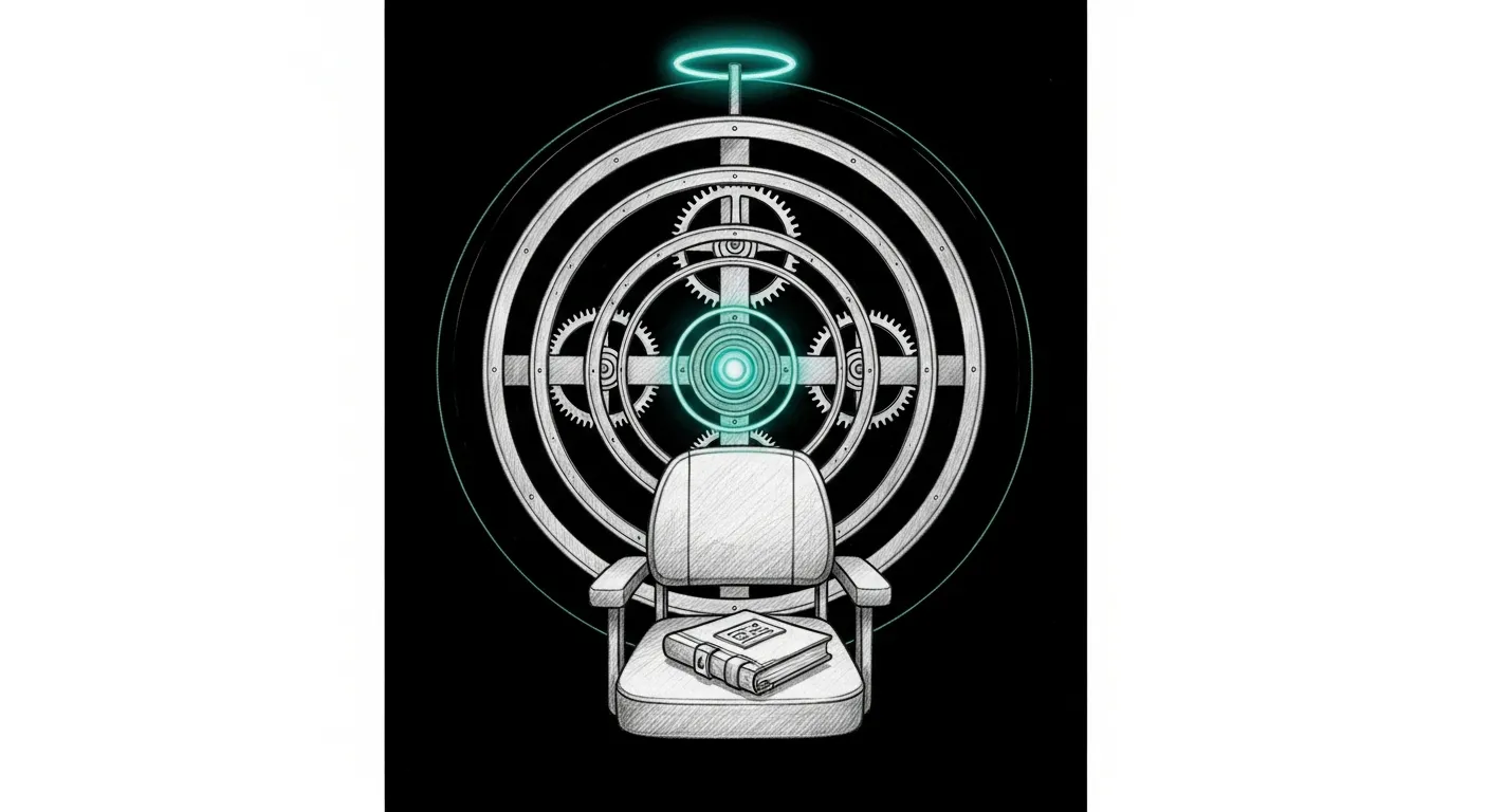 Wave 2 doctrine shipped — three concentric brass rings turning in sync around a teal halo at the central pinion, an empty operator's chair below with a closed logbook on its seat. The doctrine runs itself now; the operator has become optional.