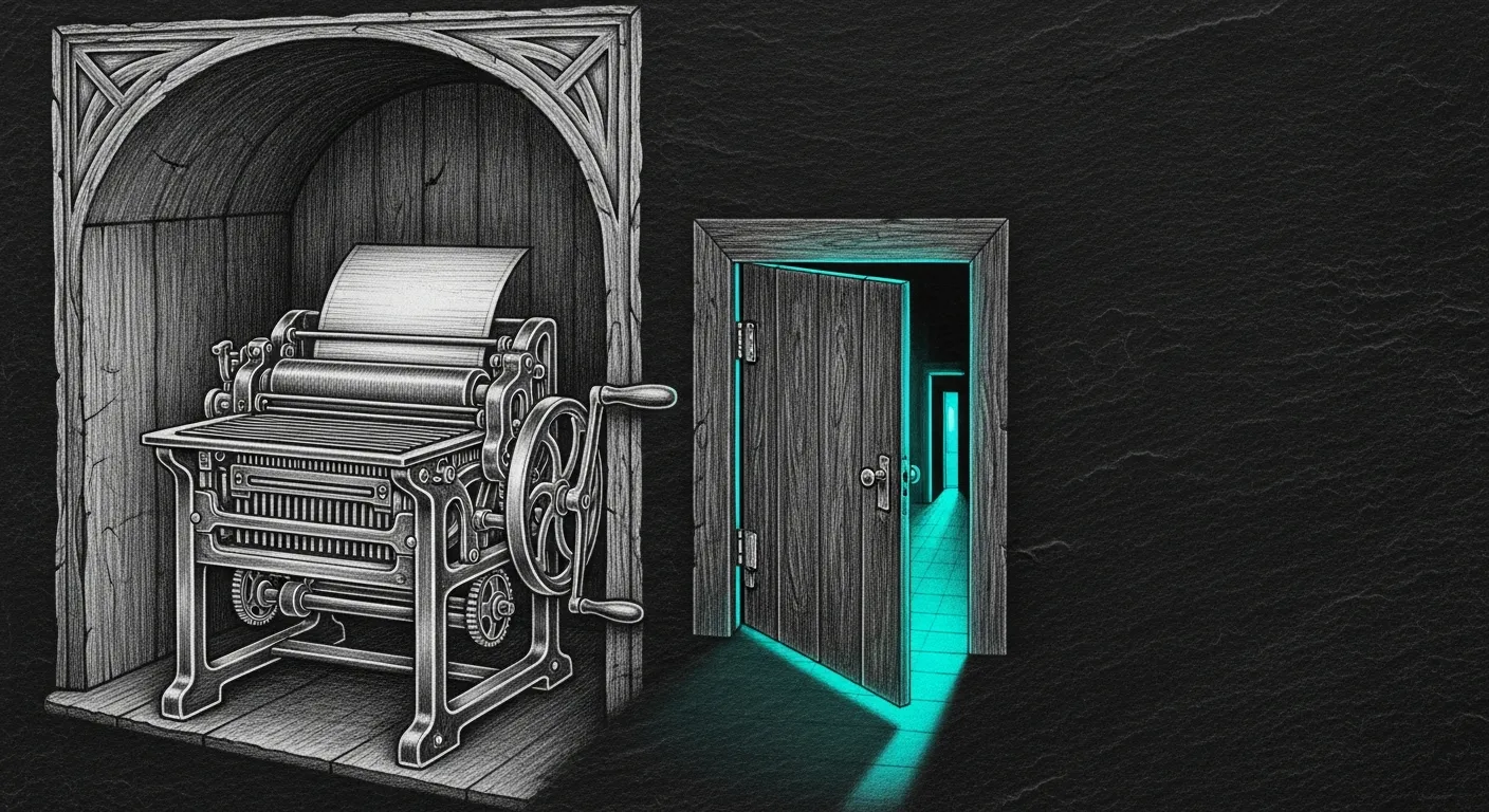 The door the printer opened — an old office printer in an alcove, a small wooden door ajar behind it, teal light leaking through to reveal a hidden corridor.