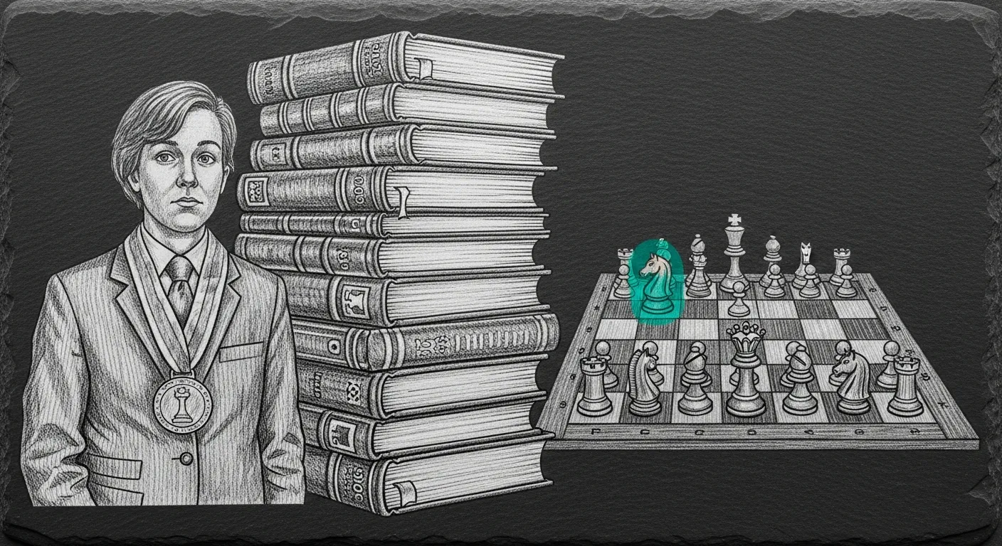 The champion who memorized the exam — a medal-bearing chess champion stands proud beside a stack of memorized opening books; behind him the actual board shows a position the books never taught.