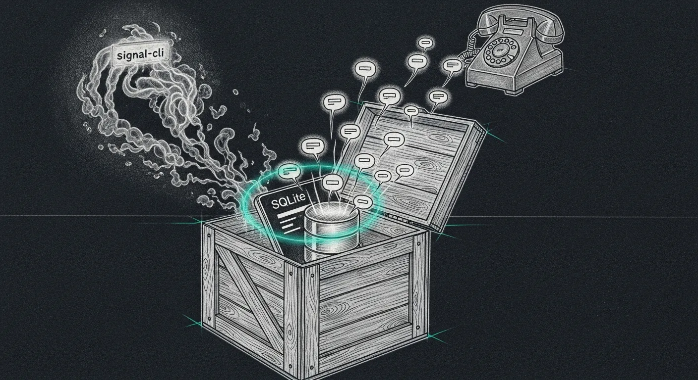 A freshly opened shipping crate releases eleven glowing message bubbles flowing toward a phone — a sqlite database tablet sits inside as the source while a ghostly signal-cli daemon evaporates in the background