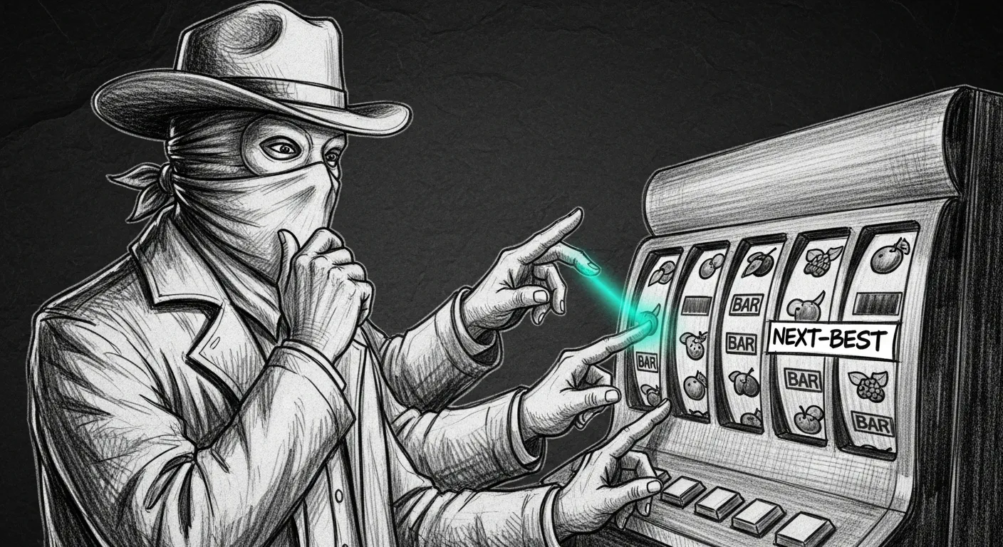 The bandit picks first — a masked bandit at a multi-armed slot machine with four arms; three already pulled, hands hover over the fourth labelled 'next-best'.