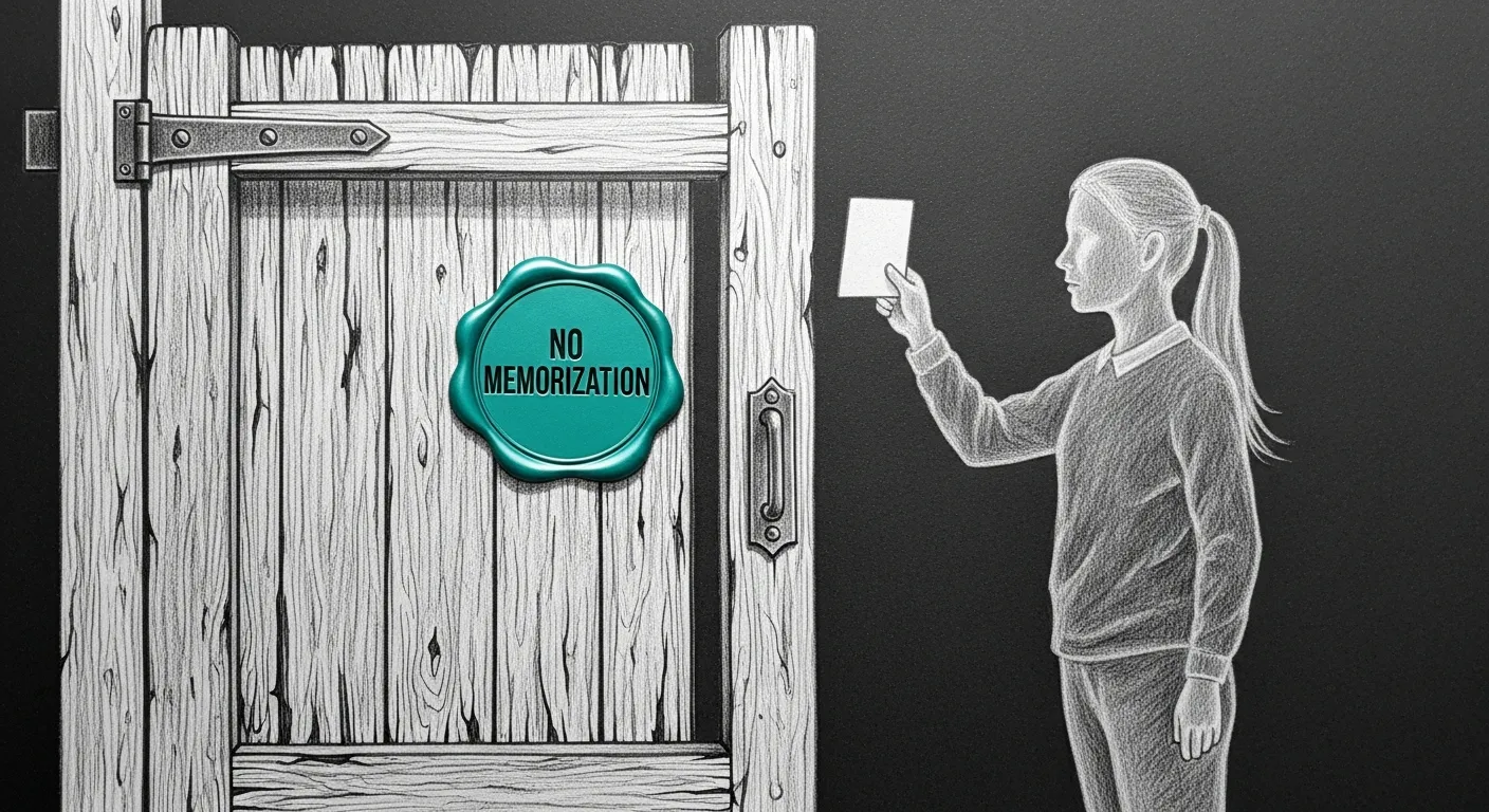 The gate that says no to memorization — an old wooden examination gate stamped with a teal seal reading NO MEMORIZATION while a student-spirit holds a flashcard up to it; the gate is unmoved.
