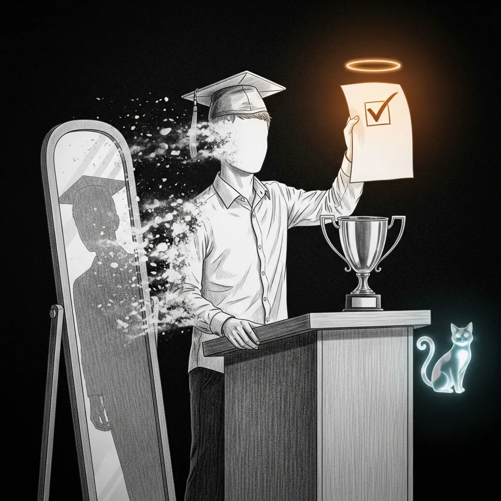 A pencil-sketched star graduate at a podium holding up a sheet bearing a single perfect check-mark, trophy below him, while his head dissolves into pencil dust and the mirror beside him reflects an empty cap-and-gown silhouette