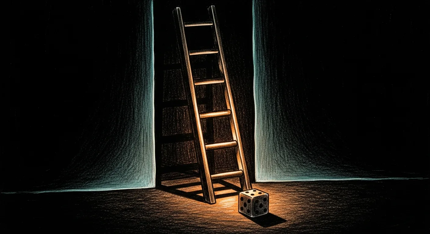 A tall eval ladder rising into the void with all but four rungs swept into ghost-pencil shadow, the survivors converging onto a single all-in stack of data-etched chips ringed in teal — one night, one bet