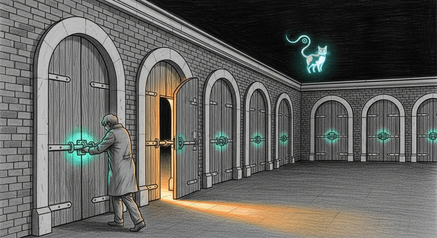 A gatehaus at night where a keeper walks a row of doors, sealing each with a teal bolt; one door keeps a narrow slot open to a single lit path while the wide courtyard side is bricked shut.