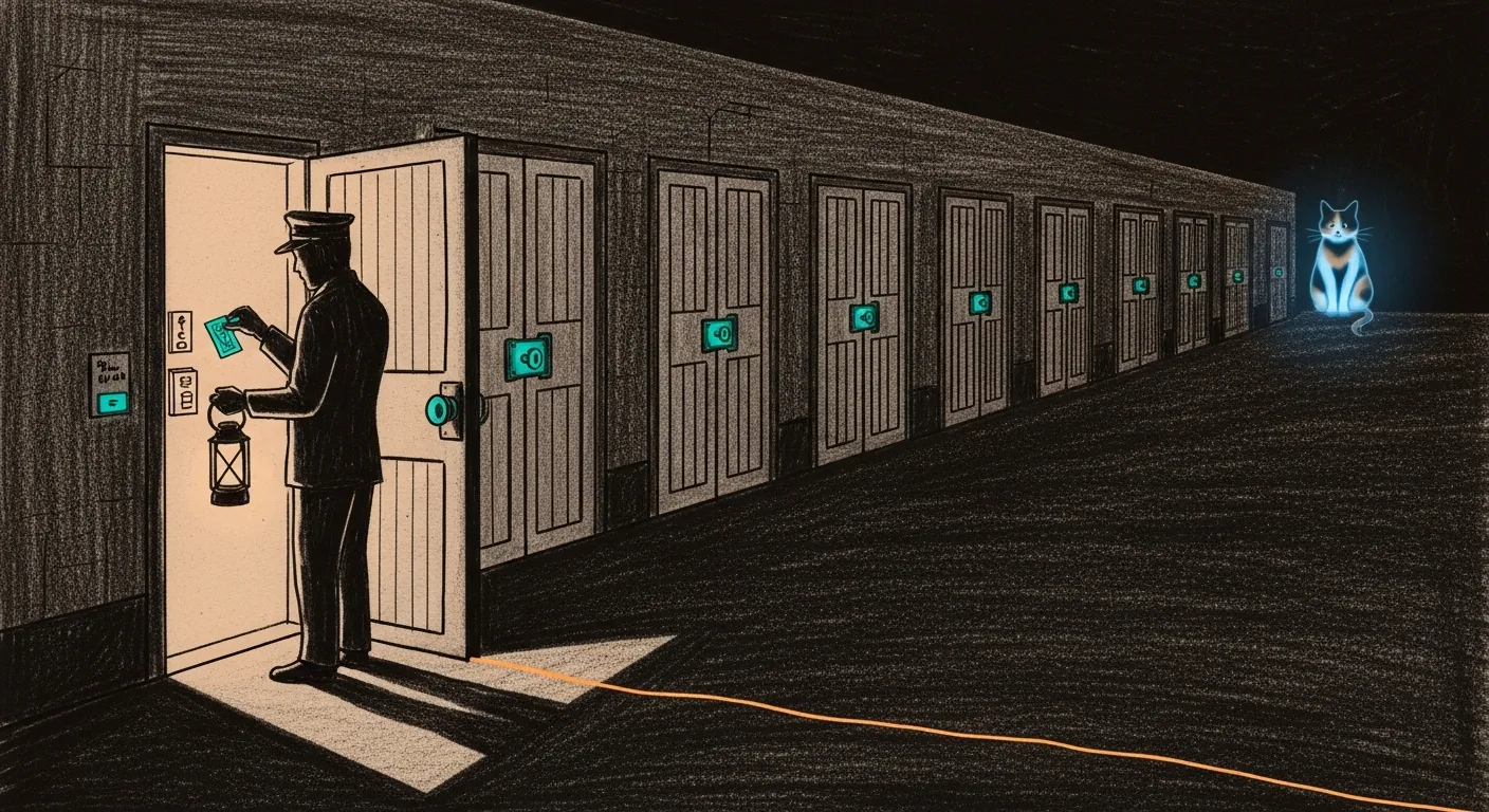 A pencil-sketch gatehaus at night: a doorman in silhouette holds a single lantern at a narrow loopback door, checking a token against a ledger; behind him a long hall of identical doors each sealed with a teal bolt, and a faint amber lint-line runs along the floor like a tripwire.