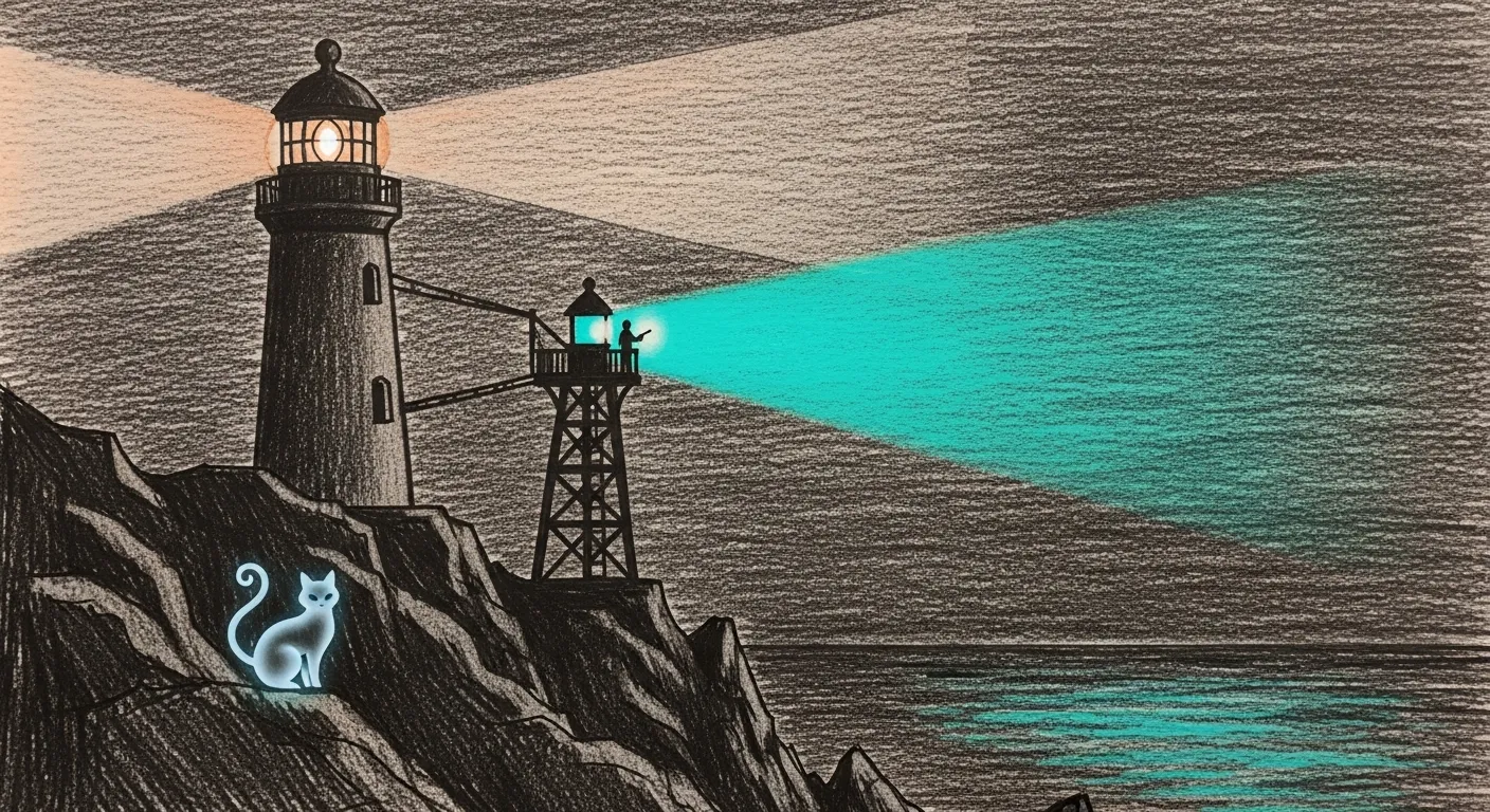 A pencil-sketch lighthouse on a dark cliff at night: the main lamp is dark, and a second, smaller lamp on a separate mast has just been lit by a keeper, throwing a teal beam over the water while the dead main lamp glows faint amber.