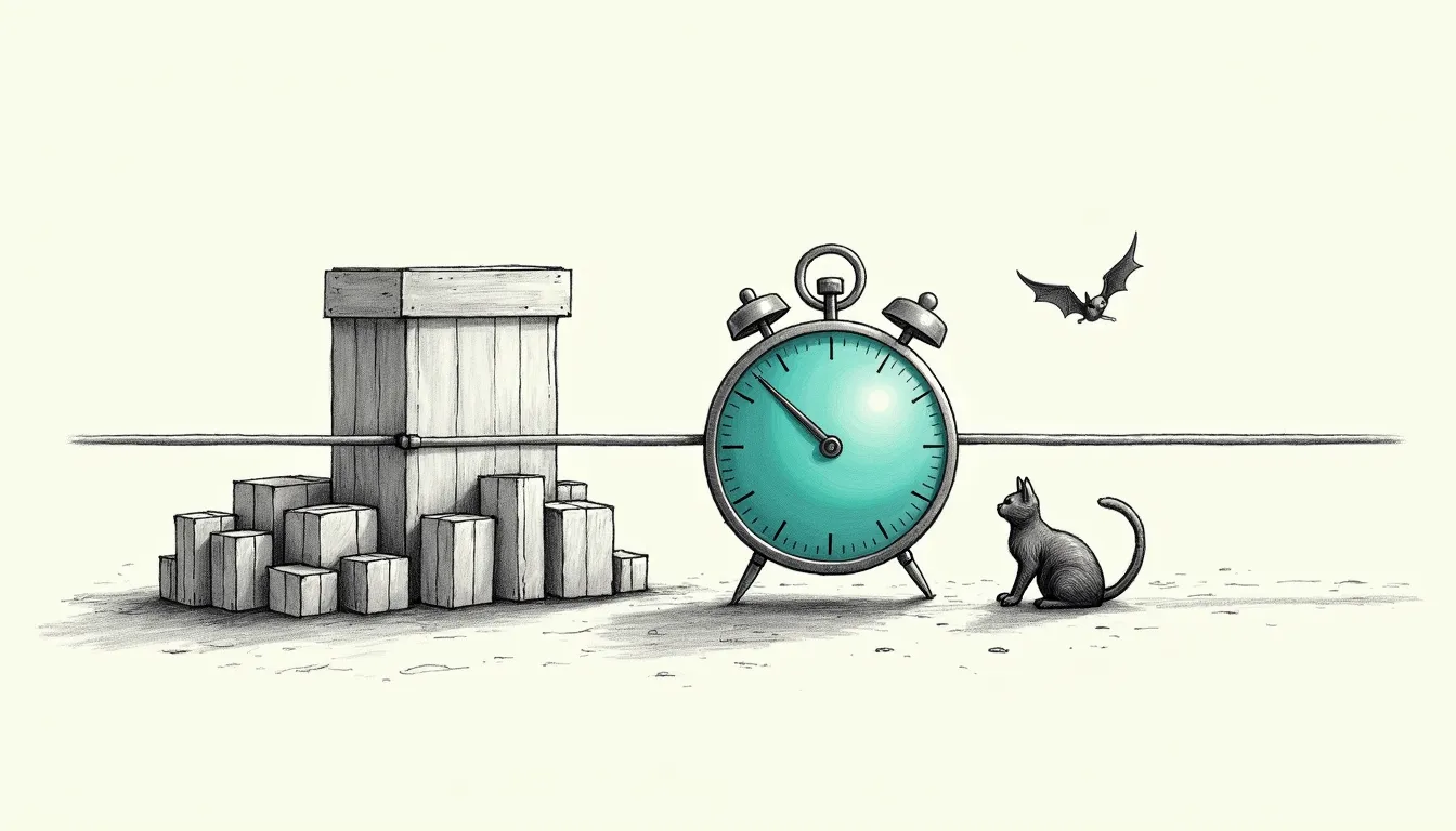 A pencil-sketched alarm clock with a teal face, mounted on a rail beside a service hatch, parcels stacked unattended below it — one timer wrongly measuring two very different jobs.