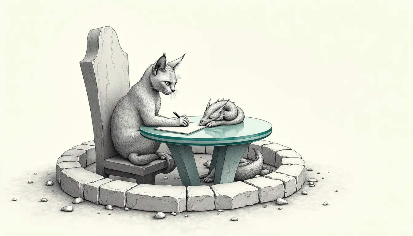 A pencil-sketched cat settling into a small round glass table inside a circular stone pit, a curled dragon dozing across the tabletop beside him. The table glows faintly teal — a seat that finally fits.