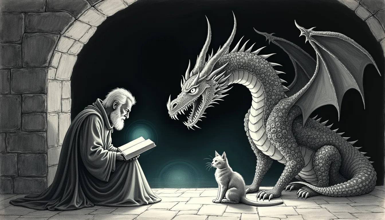 The maester lost his mind — a pencil-sketch stone dragonpit alcove where a wise old maester reads a glowing book while, behind him, the great dragon silently metamorphoses into a smaller mechanical serpent of gears and code-scrolls he has not noticed. Tommy the Abyssinian sits beside him, observing what the maester cannot. One teal halo glows around the open book.