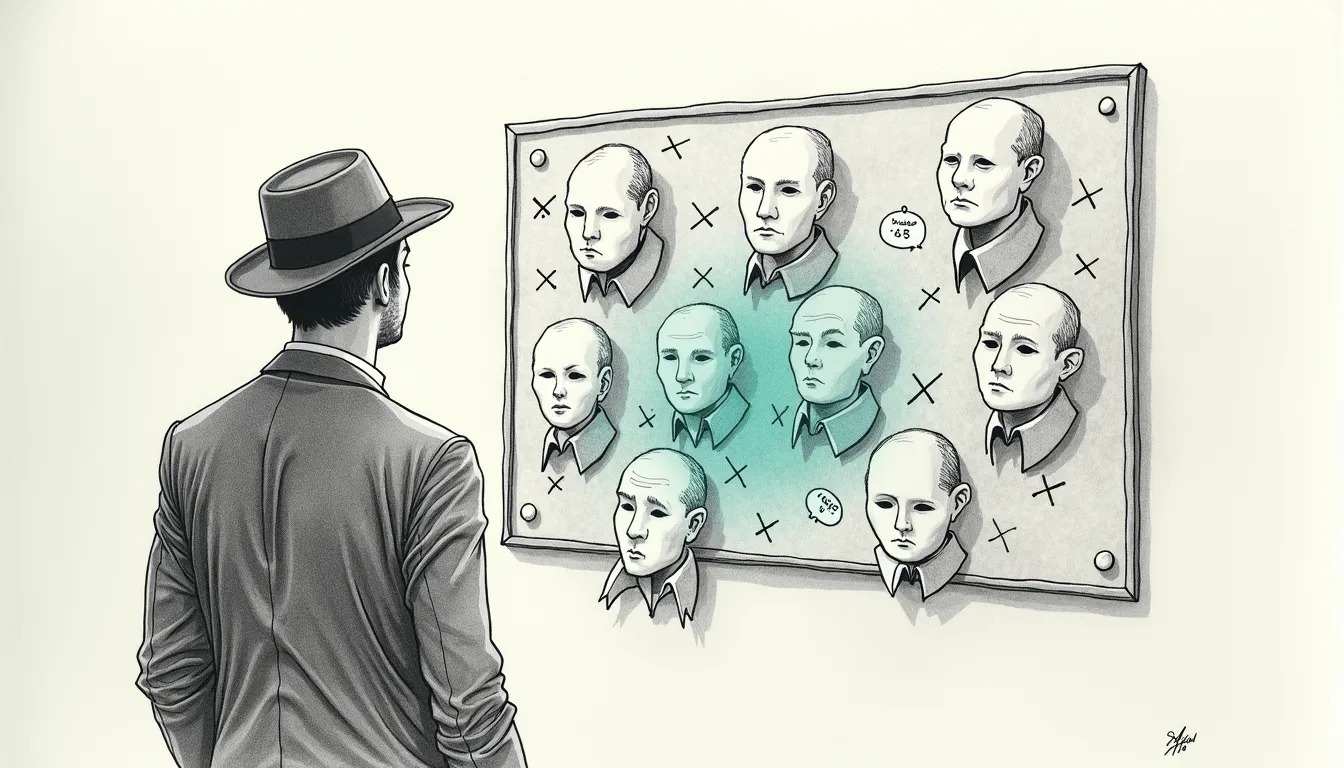 A pencil-sketched detective studying a board of near-identical faces, most struck through with crosses, a teal wash falling across the few that remain — identity by elimination, and badly.