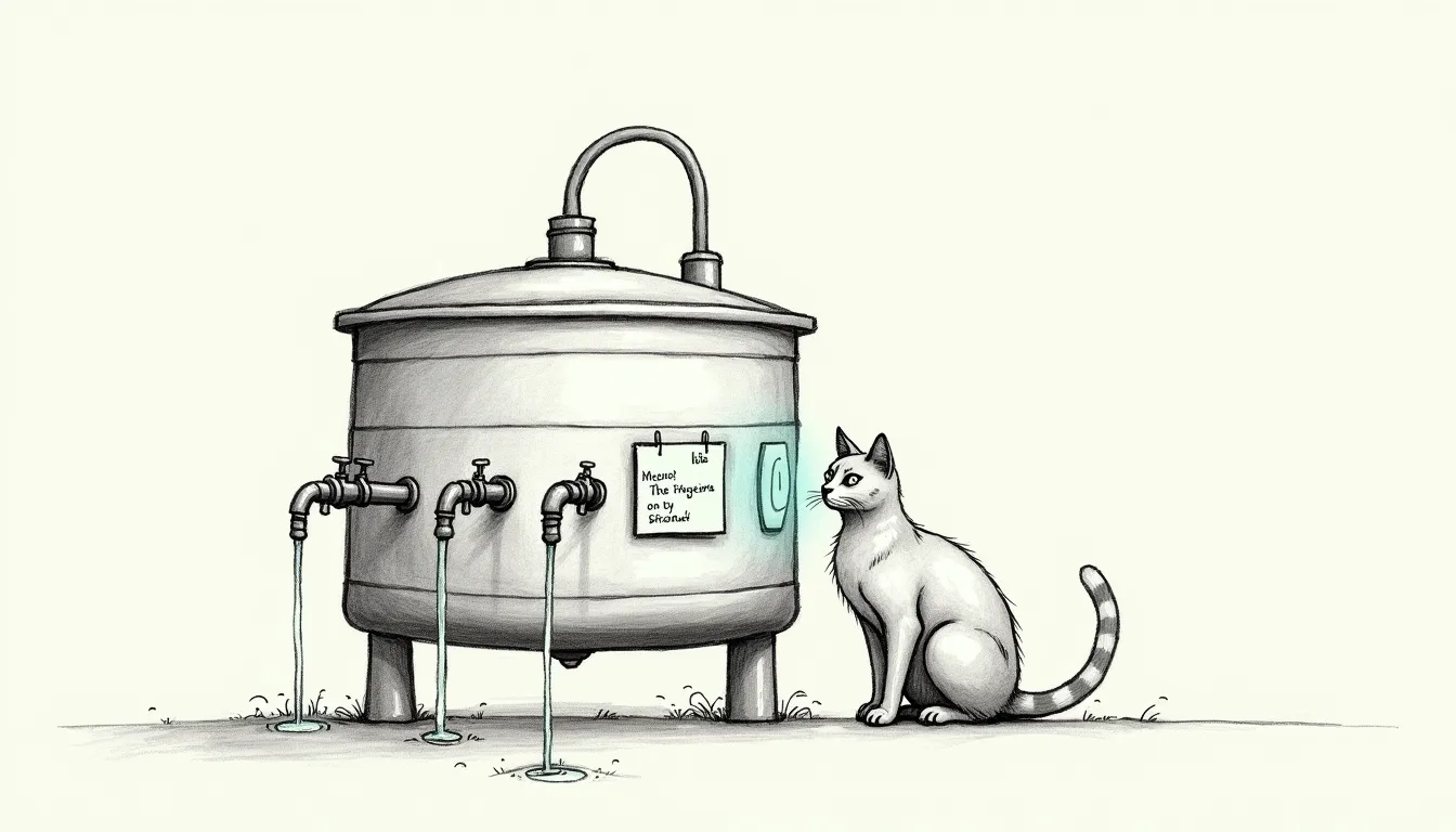 A pencil-sketched shared water tank with a marked fill line and several taps drawing from it at once, a card of handwritten rates clipped to its side mid-swap while the taps keep running. A cat keeps watch beside it.