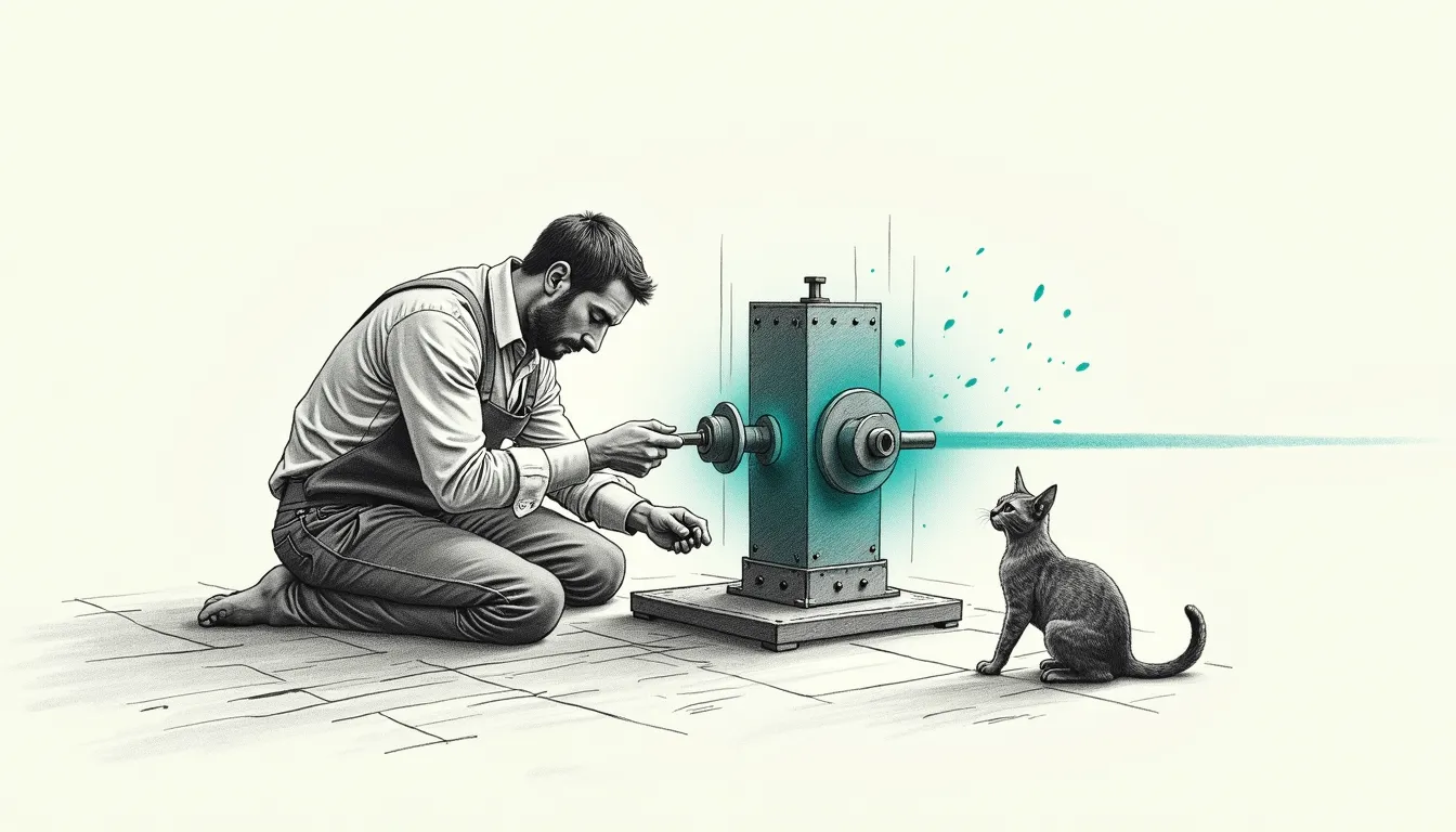 A pencil-sketched craftsman kneeling to file the last rough edge of a governor already built and spinning, teal light streaming from the machine — finishing the edges, not rebuilding it.