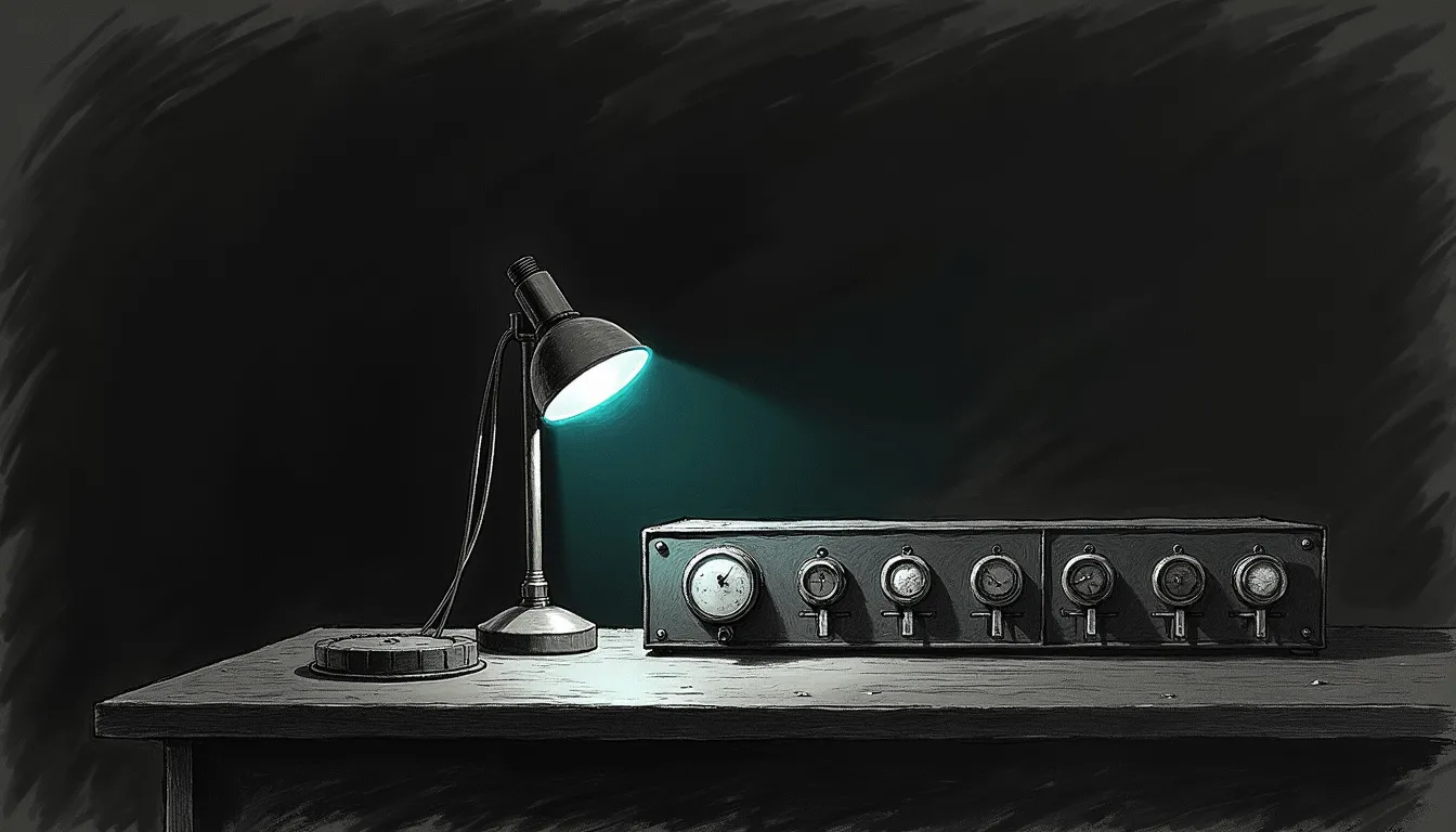 A vintage radio operator's bridge console sketched in pencil against a dark void; every transmit lamp glows warm while one receive lamp sits unlit and silent, ringed by a single teal halo.