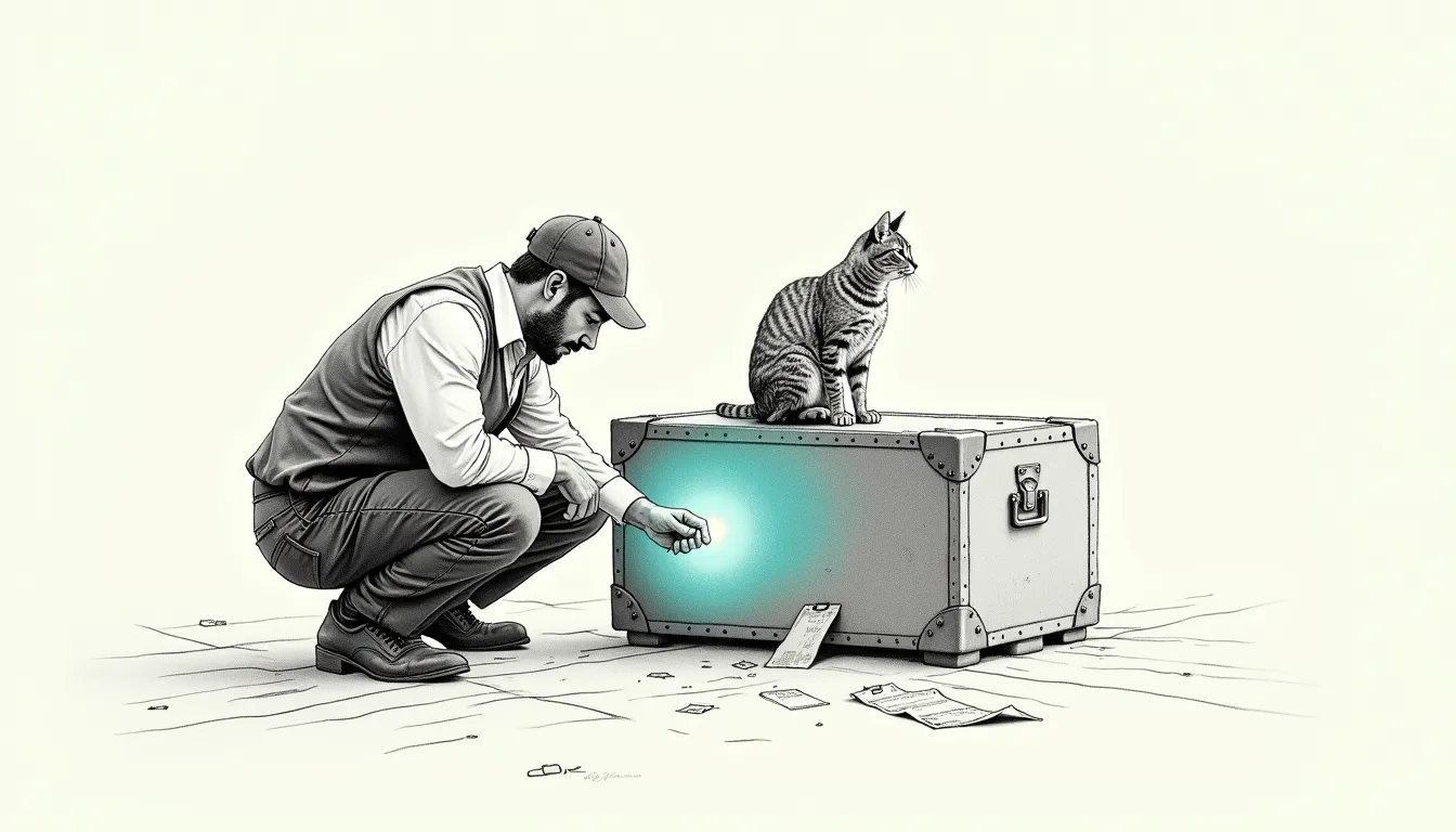 A pencil-sketched porter crouching to read a steel plate riveted to a heavy trunk, its teal glow the only colour, while torn paper name-tags lie ignored on the floor behind him. A cat sits on the trunk.