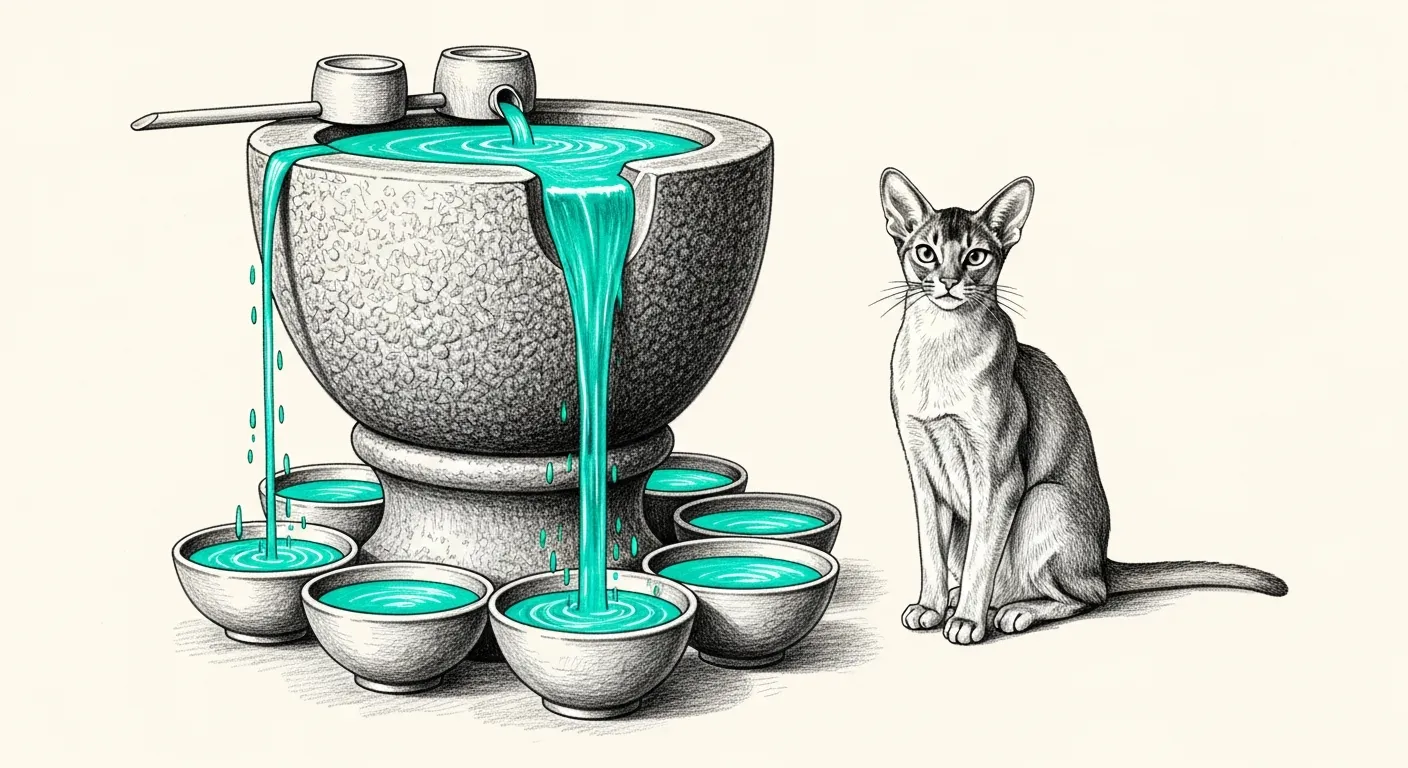 A pencil-sketched stone basin on a pedestal, brimming with teal water that spills downward into a ring of small plain clay bowls below. The flow only ever goes one way, from the one basin into the many. Tommy sits watching.