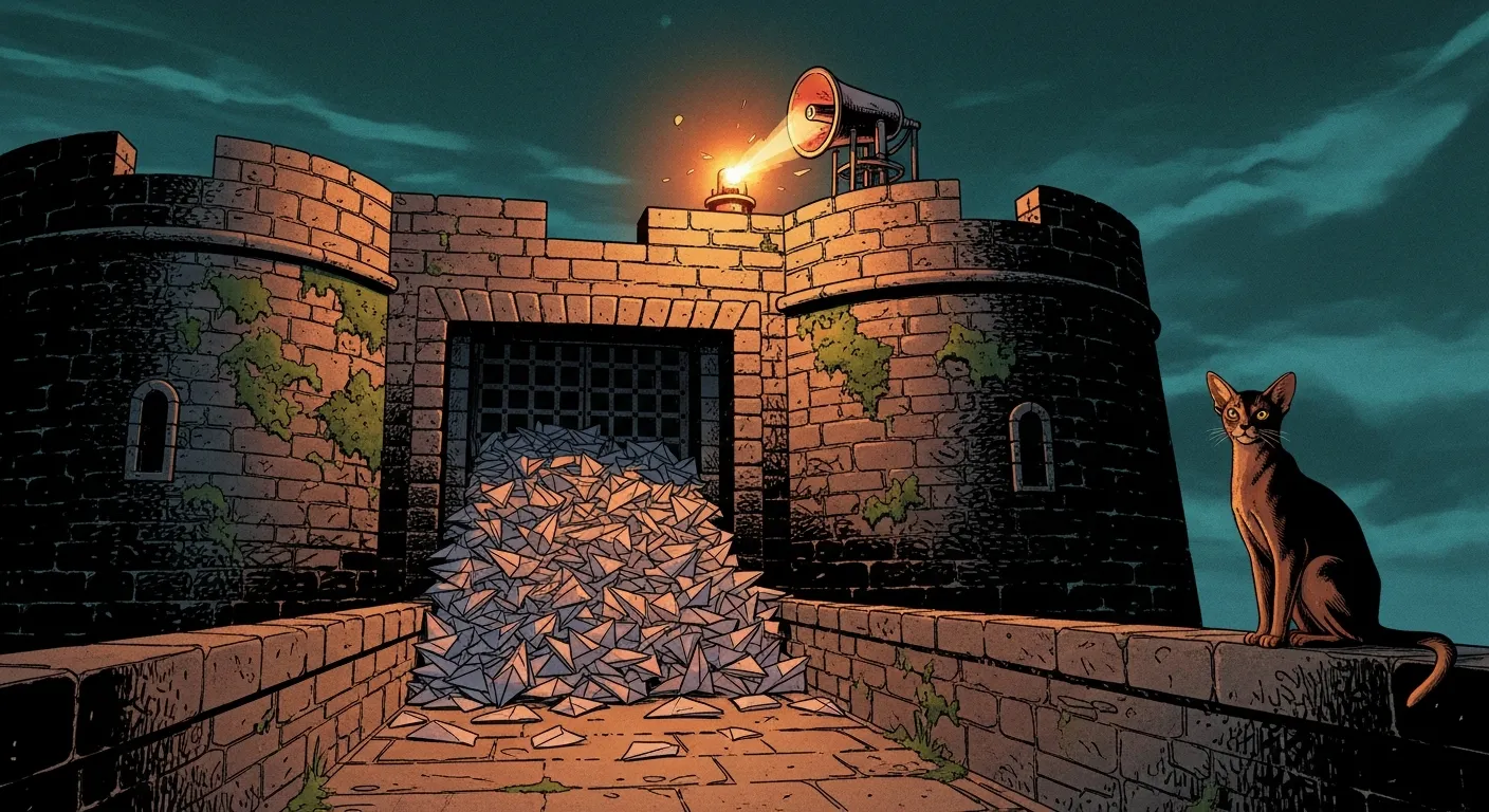 A fortress gate sealed shut behind its portcullis, with a heap of folded paper planes jammed against it, going nowhere. High above, an alarm klaxon blazes amber into the night over a rampart with nobody on it. Tommy the Abyssinian watches from the parapet, entirely unbothered.