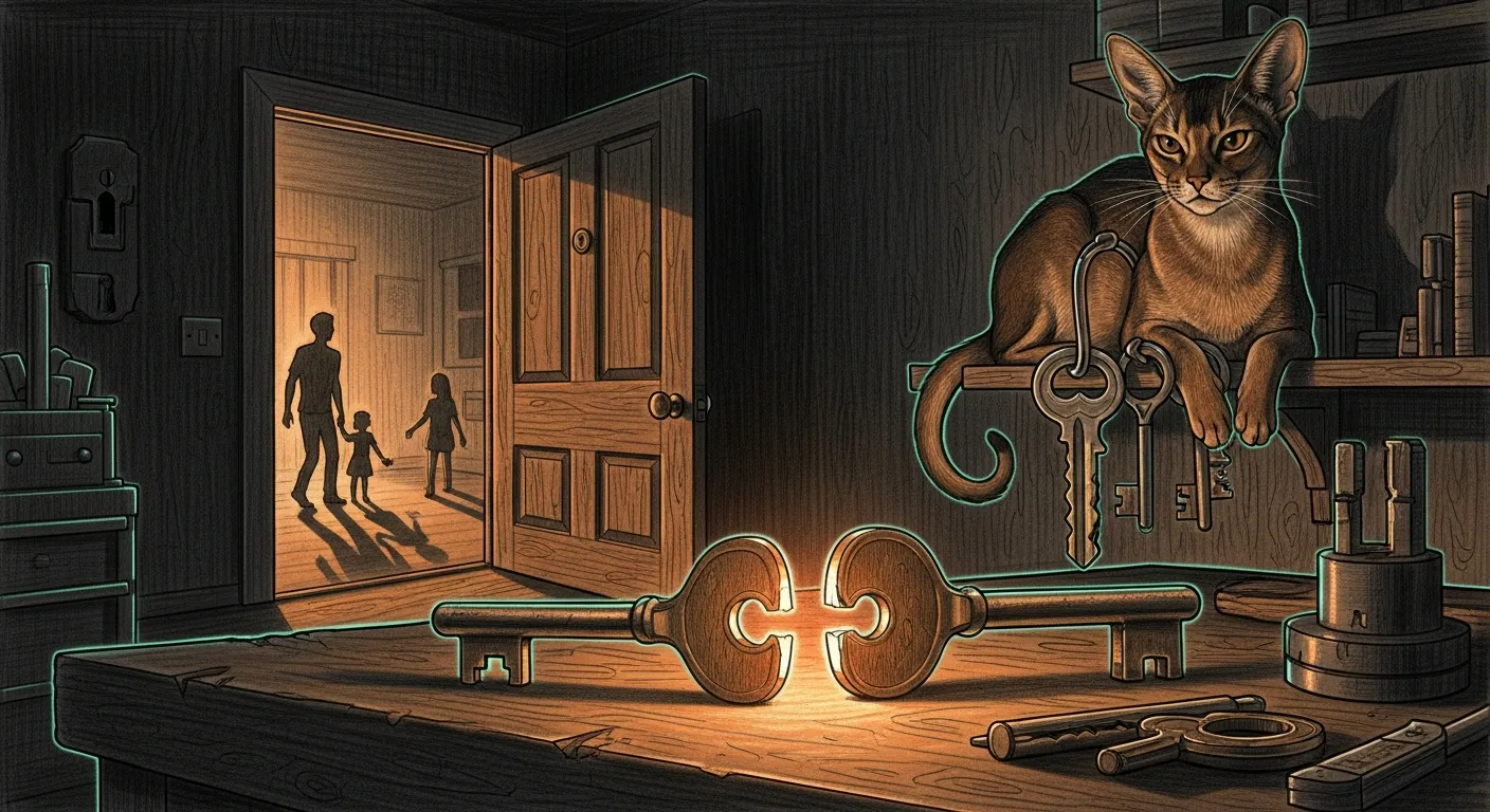 A locksmith's workshop at night. A single brass key lies split open on the bench, its cut edge glowing, while a fresh-cut twin cools beside it. Behind, a heavy oak door stands wide with warm light and a family's shadows moving unbothered within. On a high shelf an Abyssinian cat watches the swap with one paw resting on a ring of older keys.