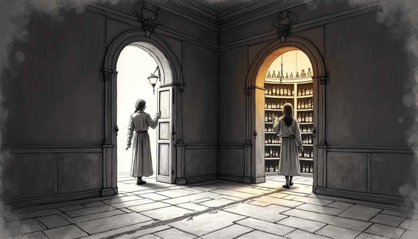 Two arched doorways side by side in one dark panelled chamber. Through the left, Cilghal pushes at a door that opens onto blank white nothing. Through the right, lit warm amber, the same healer stands before floor-to-ceiling apothecary shelves with her hand already raised toward a jar. A faint chalk line crosses the stone floor between the two doors.
