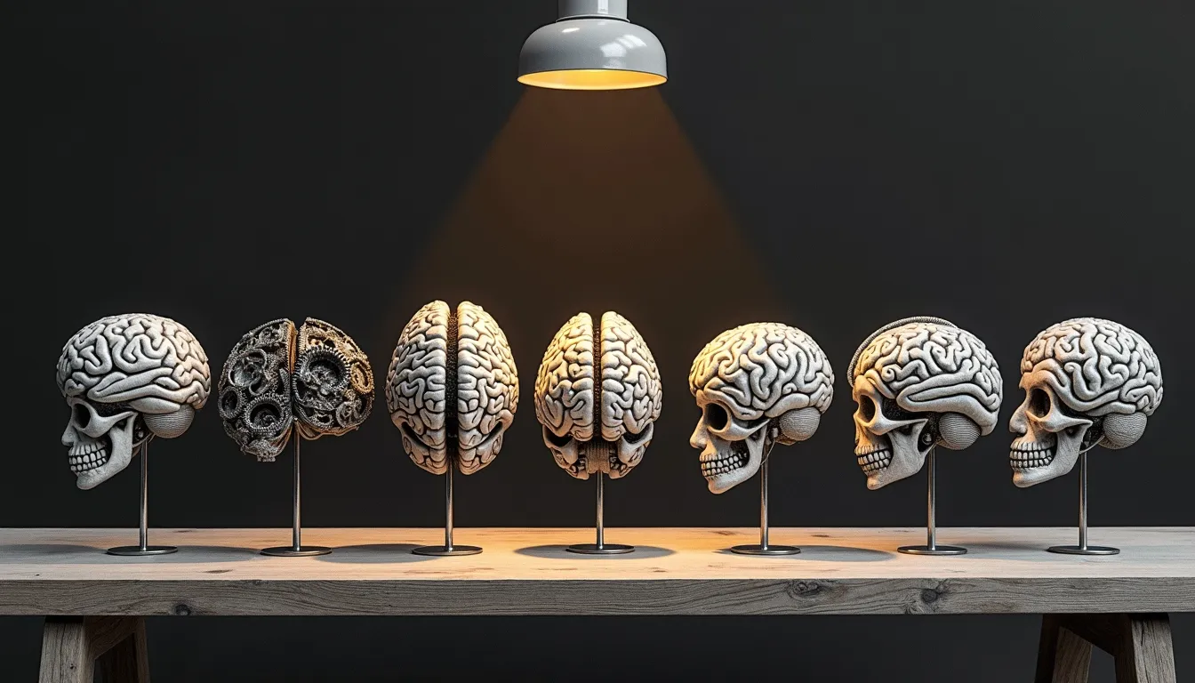 Seven brain models stood in a row on a workbench under a single amber lamp, each one built of a different material — one of clockwork gears, one crystalline, one woven wire, the rest in varying weaves of bone and stone — no two alike.