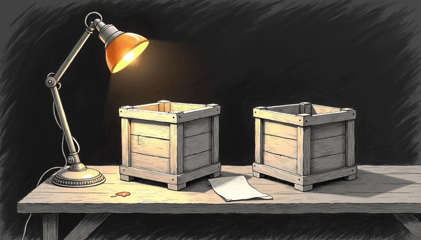 Two identical wooden crates on an inspection bench, lit by one amber lamp that is the only colour in an otherwise graphite sketch. A paper list lies unrolled between them and a bead of spilled sealing wax sits by the lamp's base. Both crates stand open and empty, and nothing about them shows which one was ever checked.