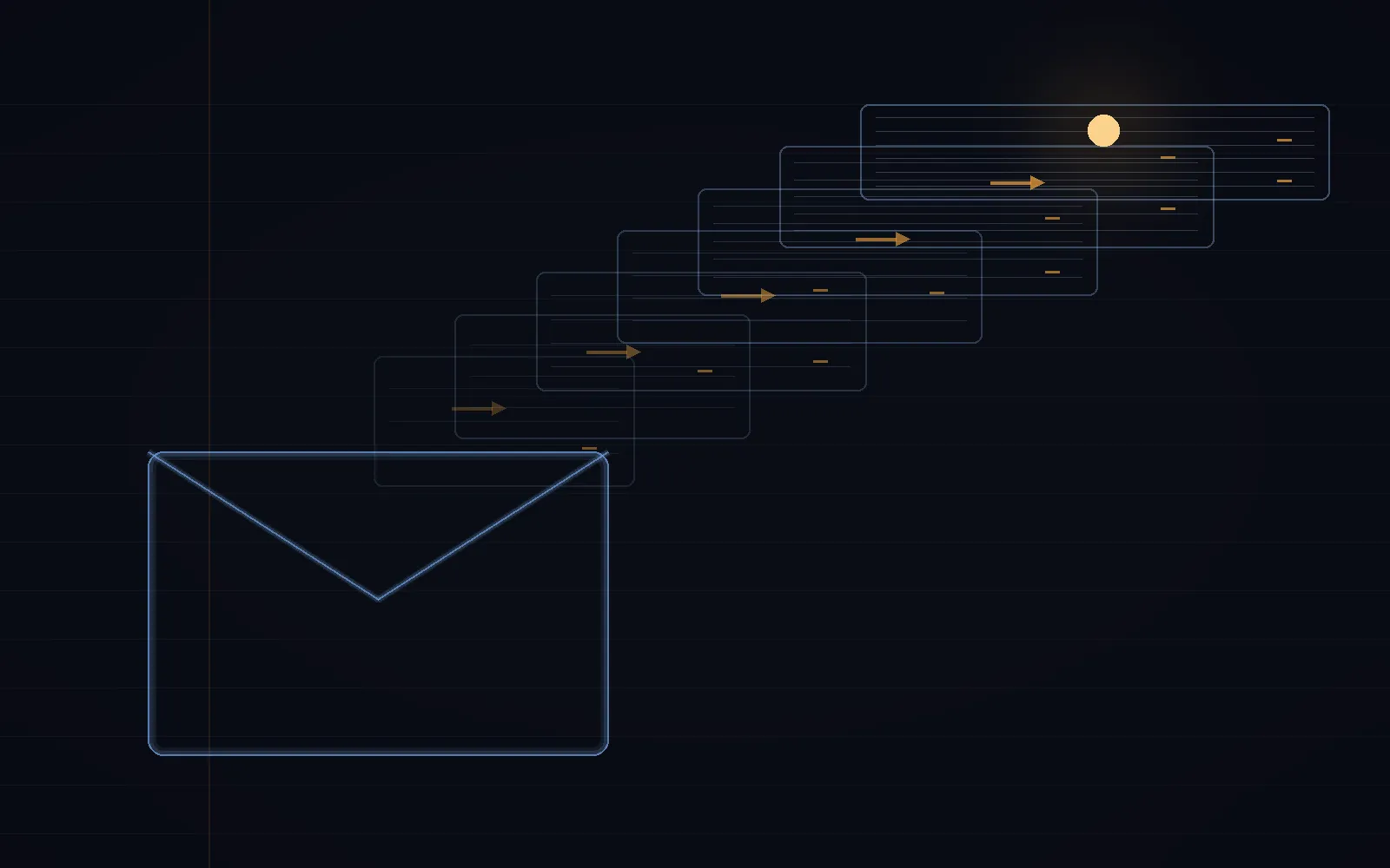 A dark field ruled like ledger paper. From an open envelope drawn in thin blue light, a cascade of pages rises toward the upper right, each page more tightly ruled than the last, with short amber arrow-strokes marking entries. A single warm lamp glows in the corner like a calendar reminder that will not be missed.