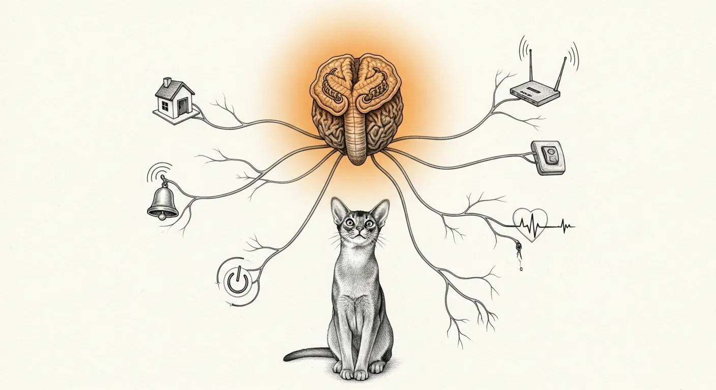 Seven sketched nerve threads converging on a small glowing relay, while Tommy watches